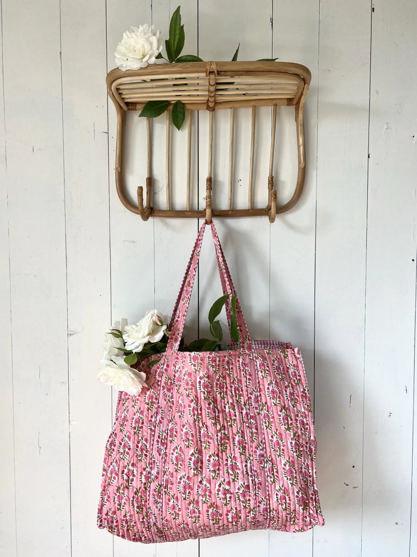 ojigi cabas coton block print quilté fraisier rose