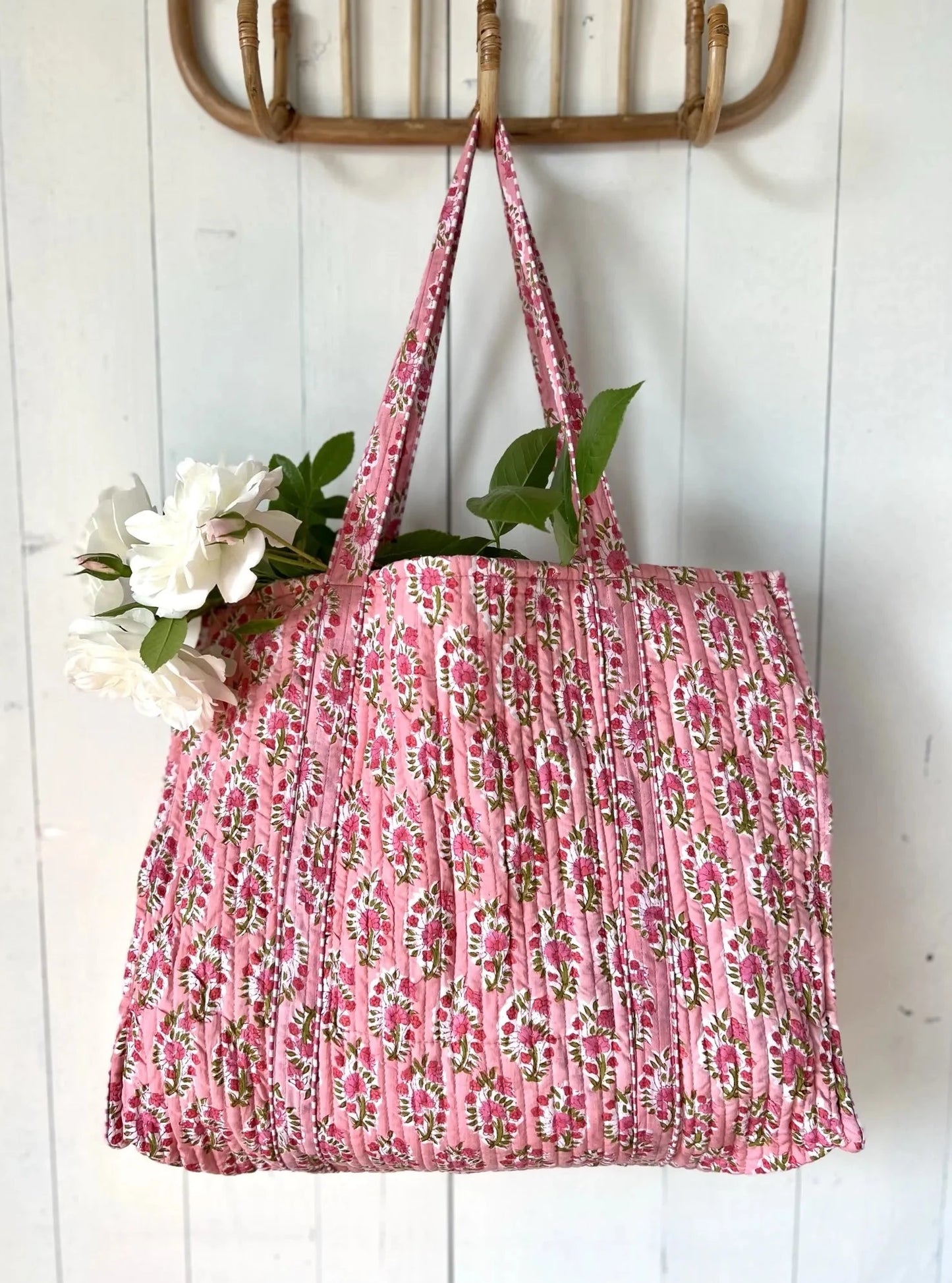ojigi cabas coton block print quilté fraisier rose