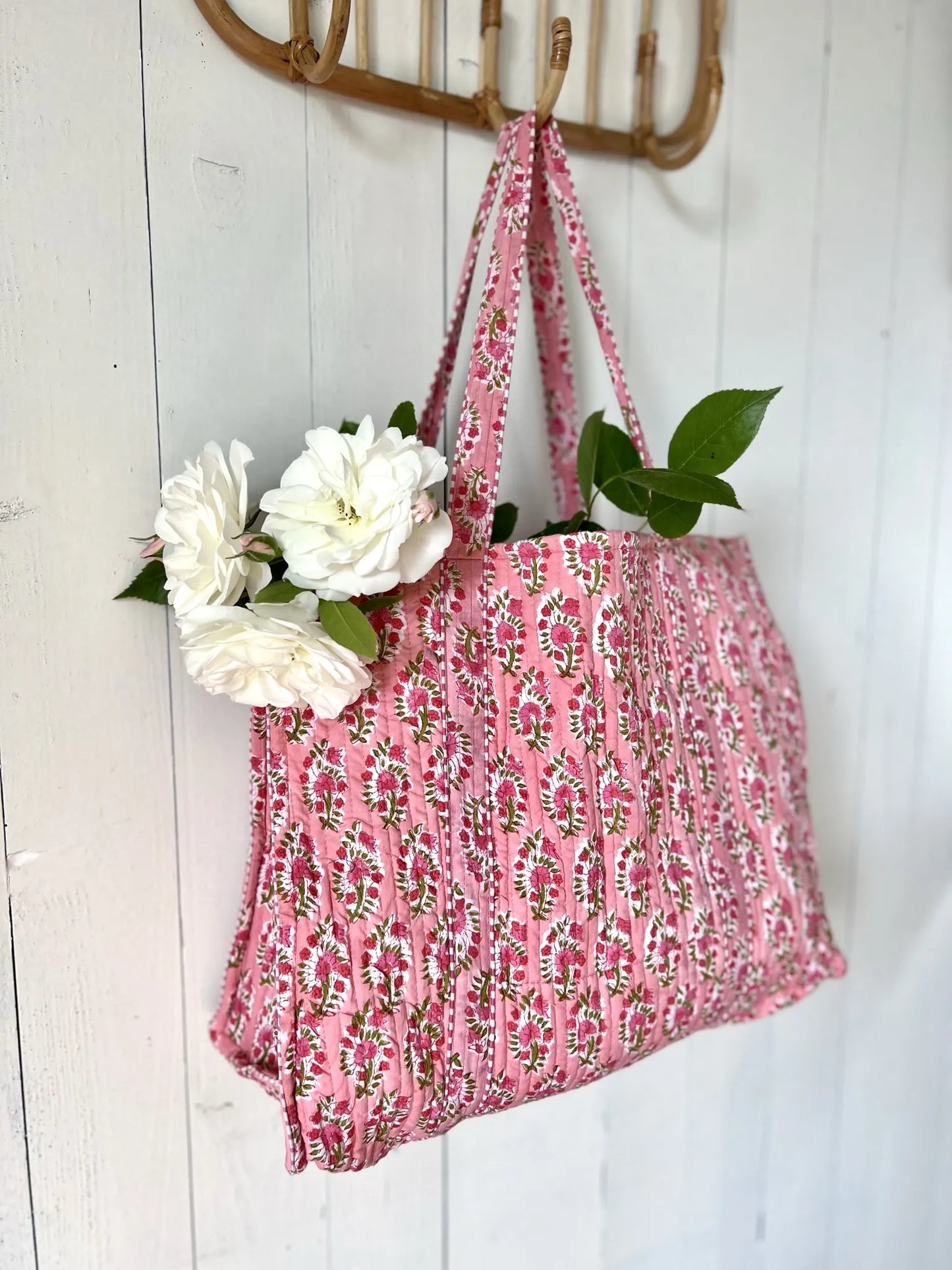 ojigi cabas coton block print quilté fraisier rose