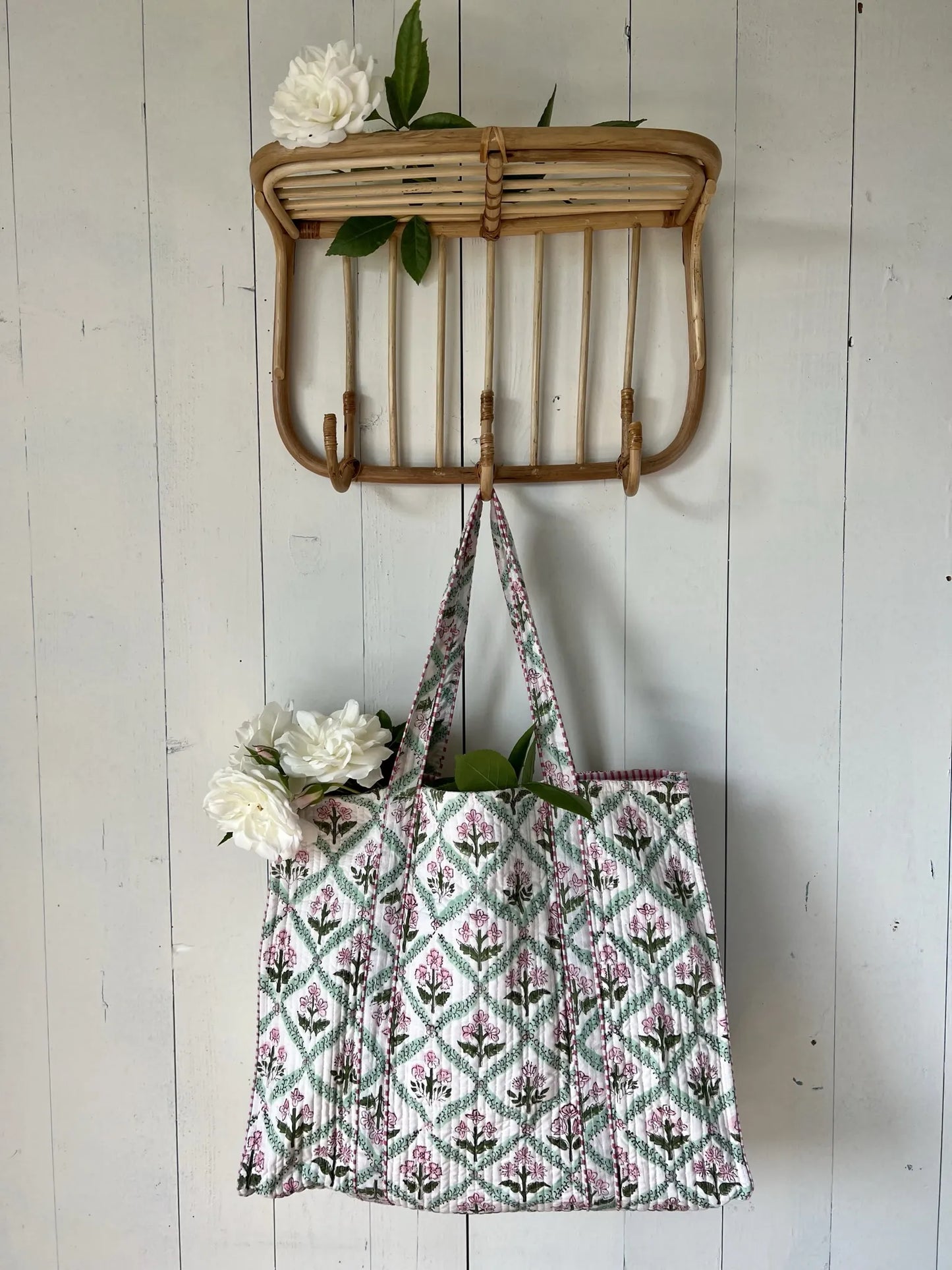 ojigi cabas coton block print quilté botanica rose et vert d'eau