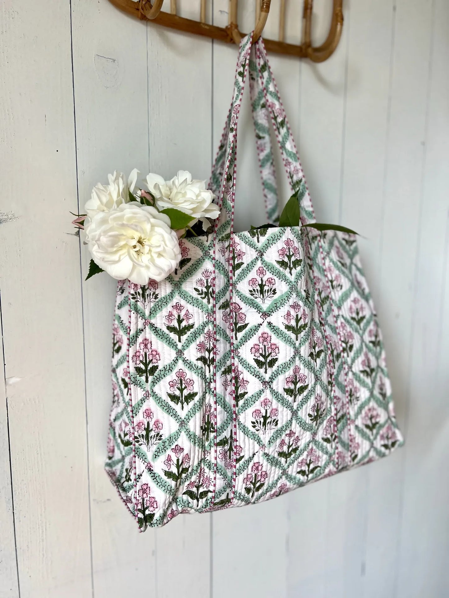 ojigi cabas coton block print quilté botanica rose et vert d'eau