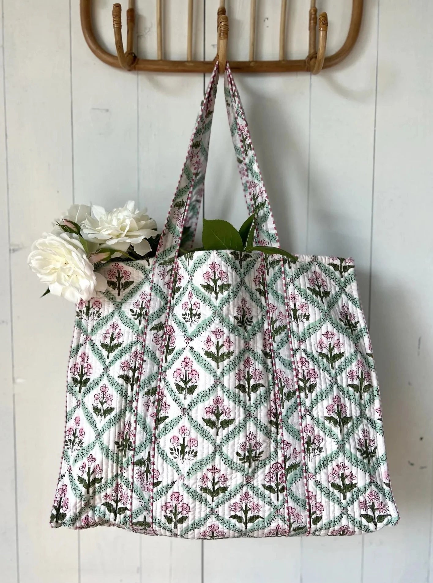 ojigi cabas coton block print quilté botanica rose et vert d'eau