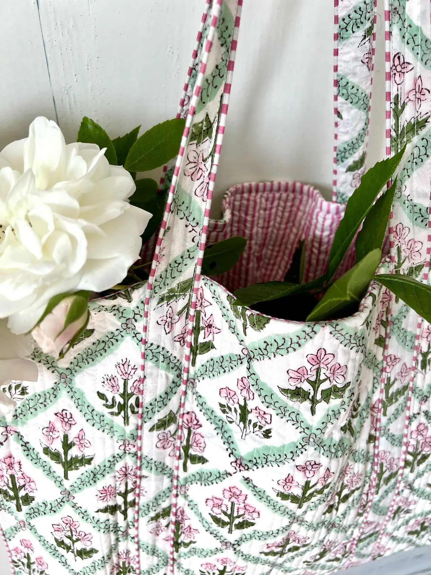 ojigi cabas coton block print quilté botanica rose et vert d'eau