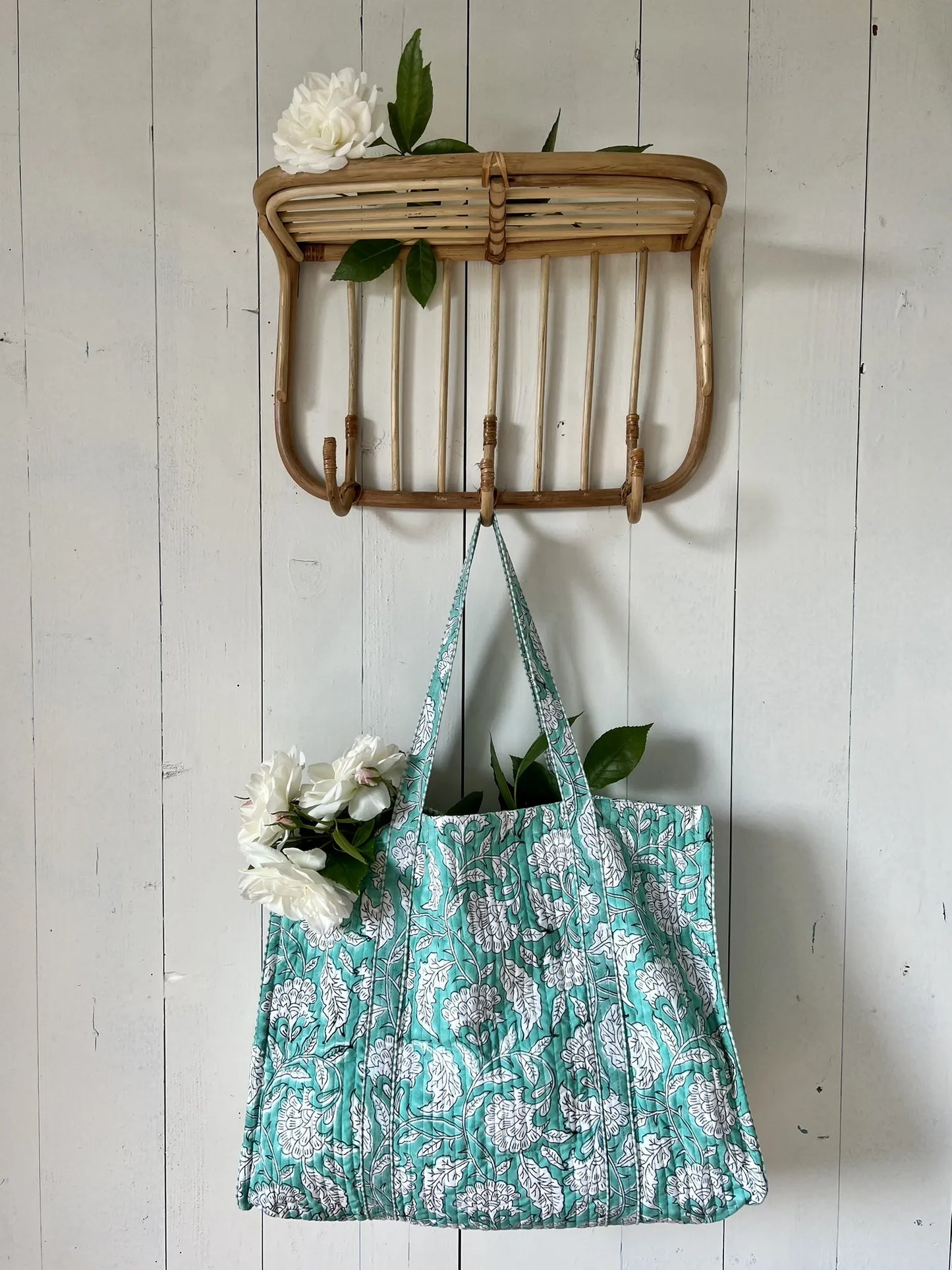 ojigi cabas coton block print quilté liseron turquoise