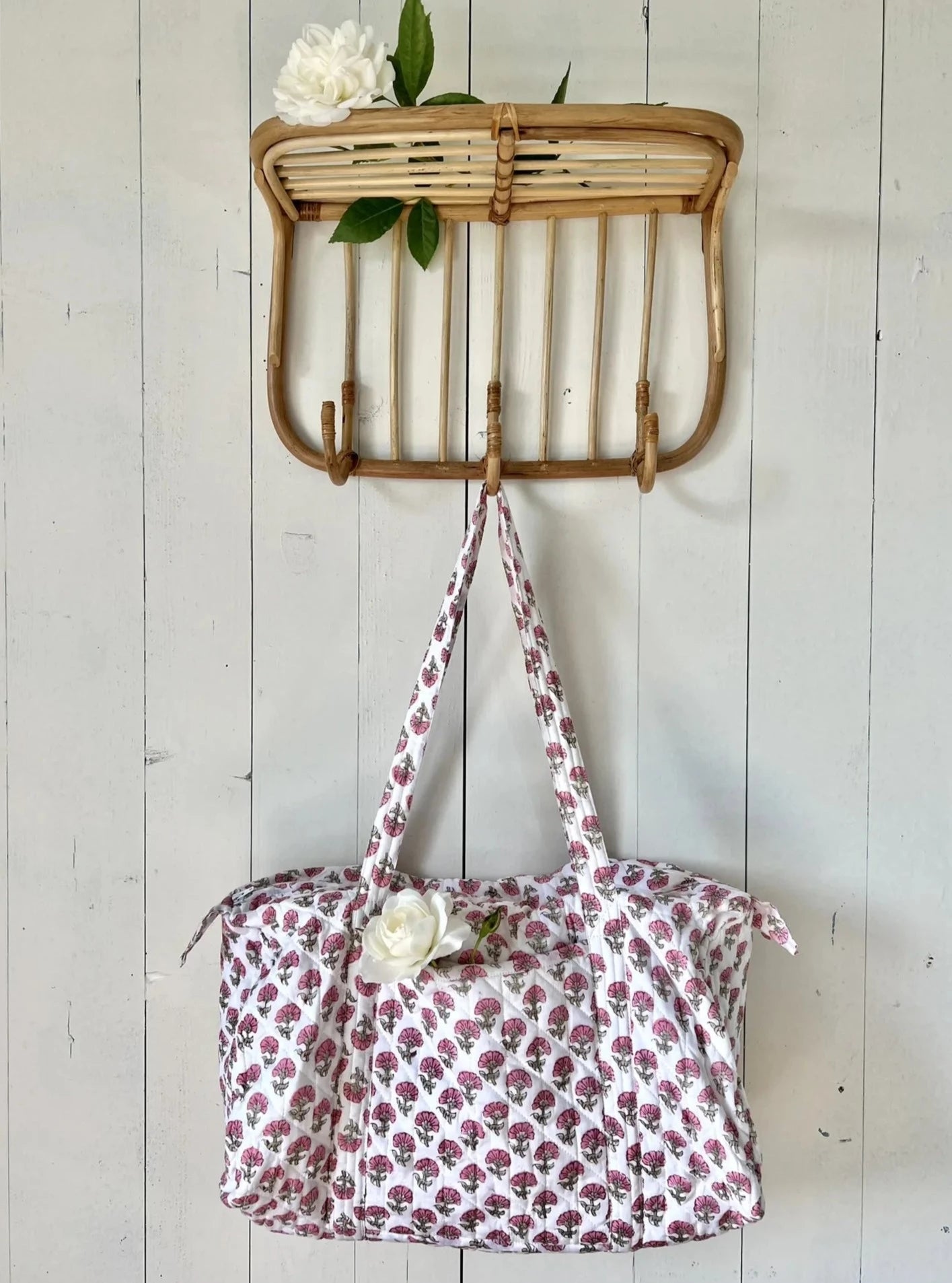 ojigi sac week-end coton block print quilté bleuet rose