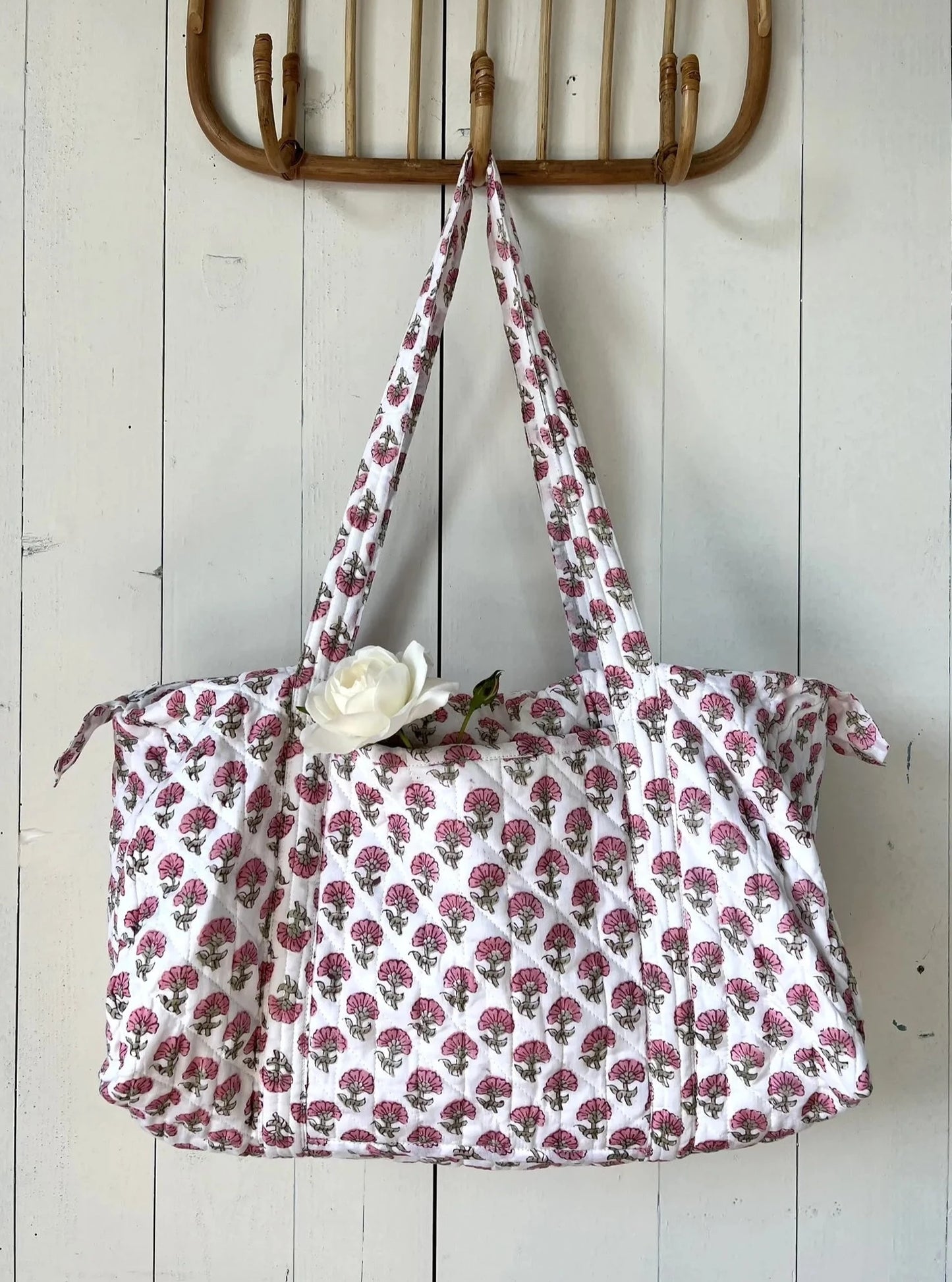 ojigi sac week-end coton block print quilté bleuet rose