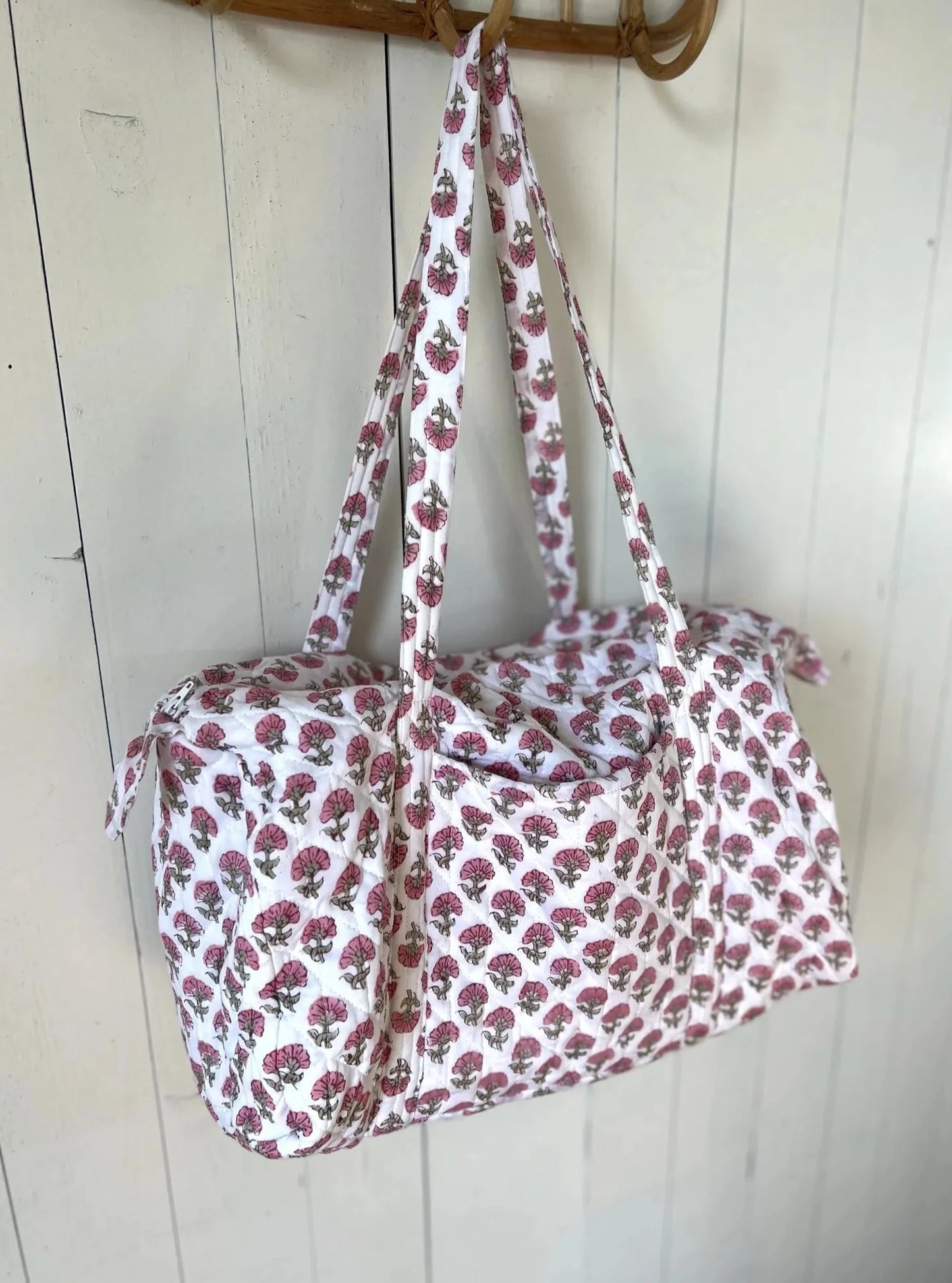 ojigi sac week-end coton block print quilté bleuet rose