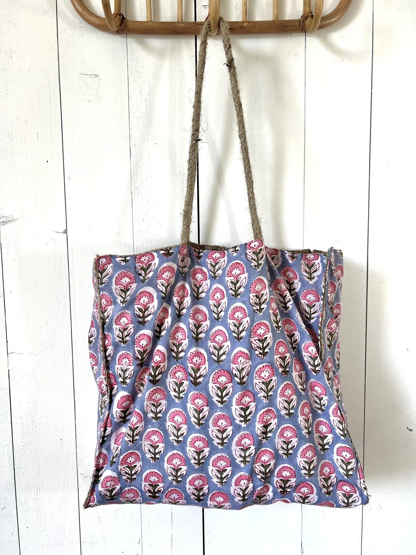 ojigi sac jute et coton block print œillet bleu et rose