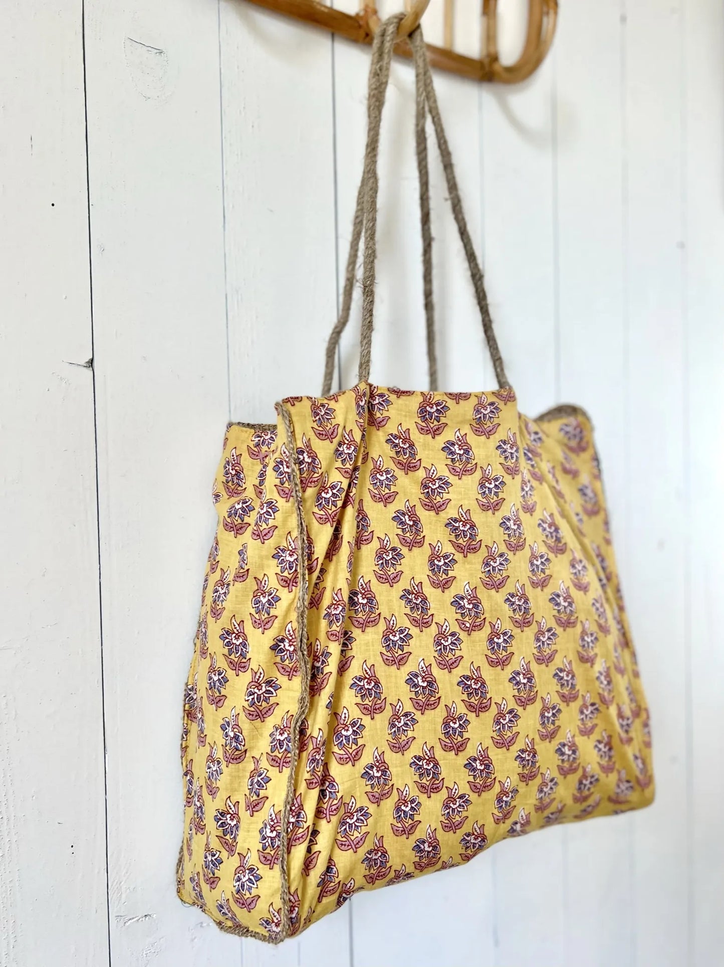 ojigi sac jute et coton block print mimosa jaune