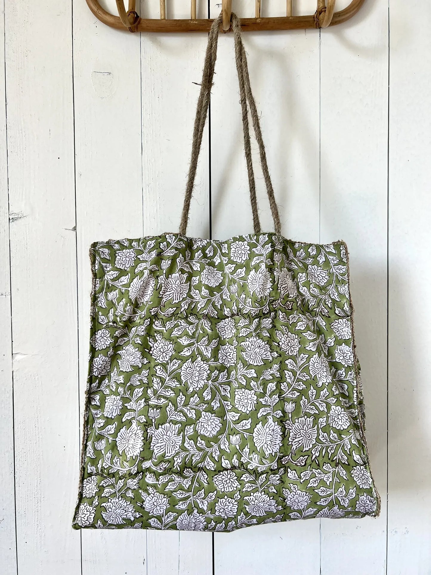 ojigi sac jute et coton block print liseron vert