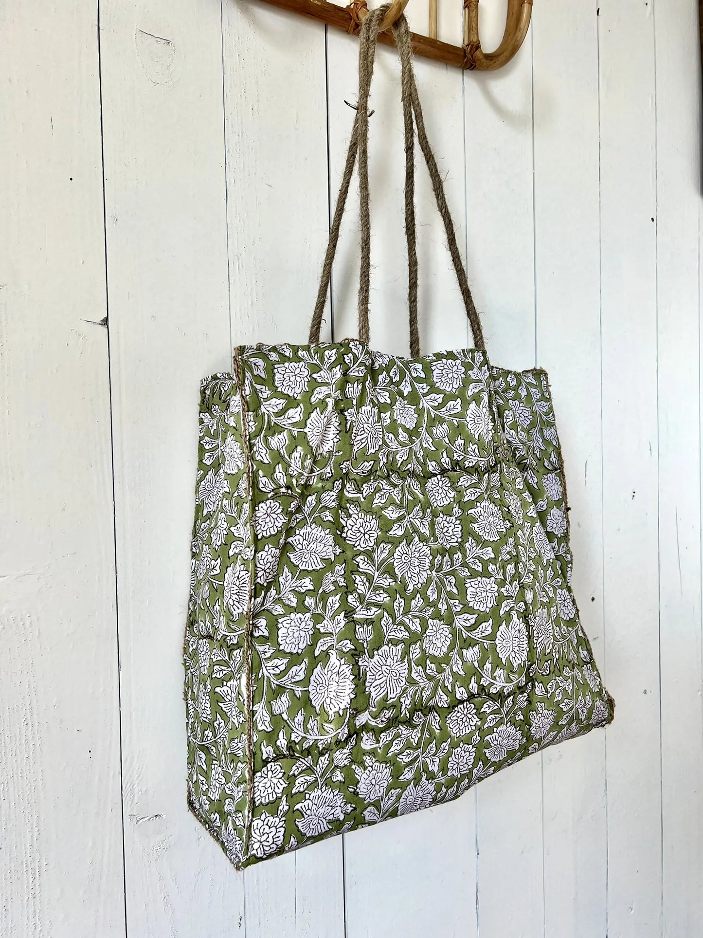 ojigi sac jute et coton block print liseron vert