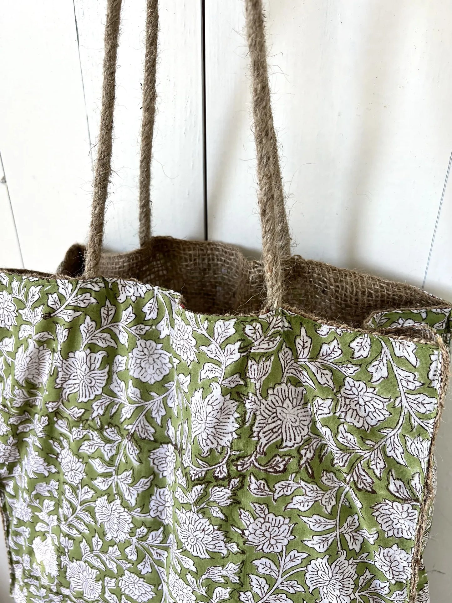 ojigi sac jute et coton block print liseron vert