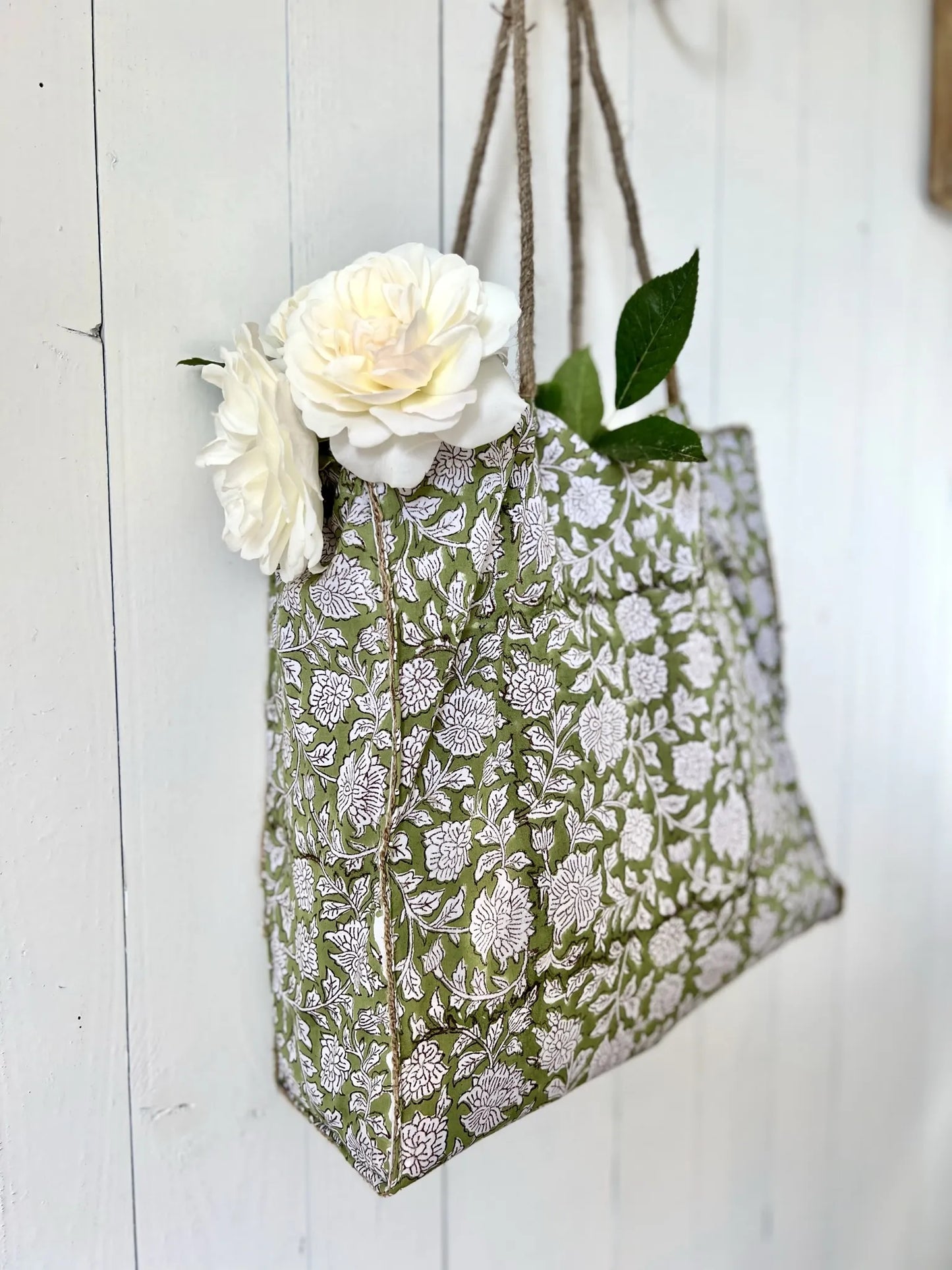 ojigi sac jute et coton block print liseron vert
