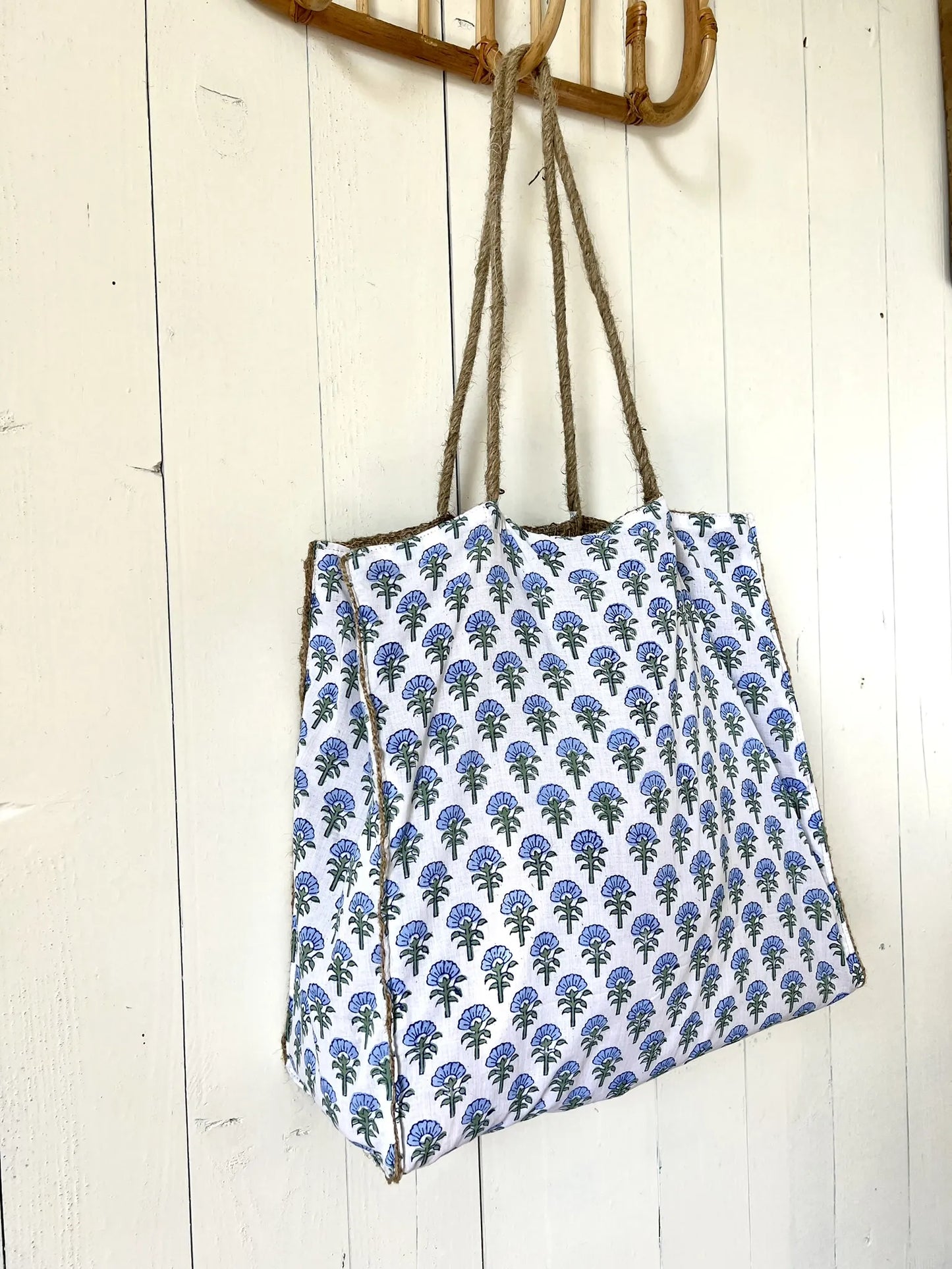 ojigi sac jute et coton block print bleuet bleu