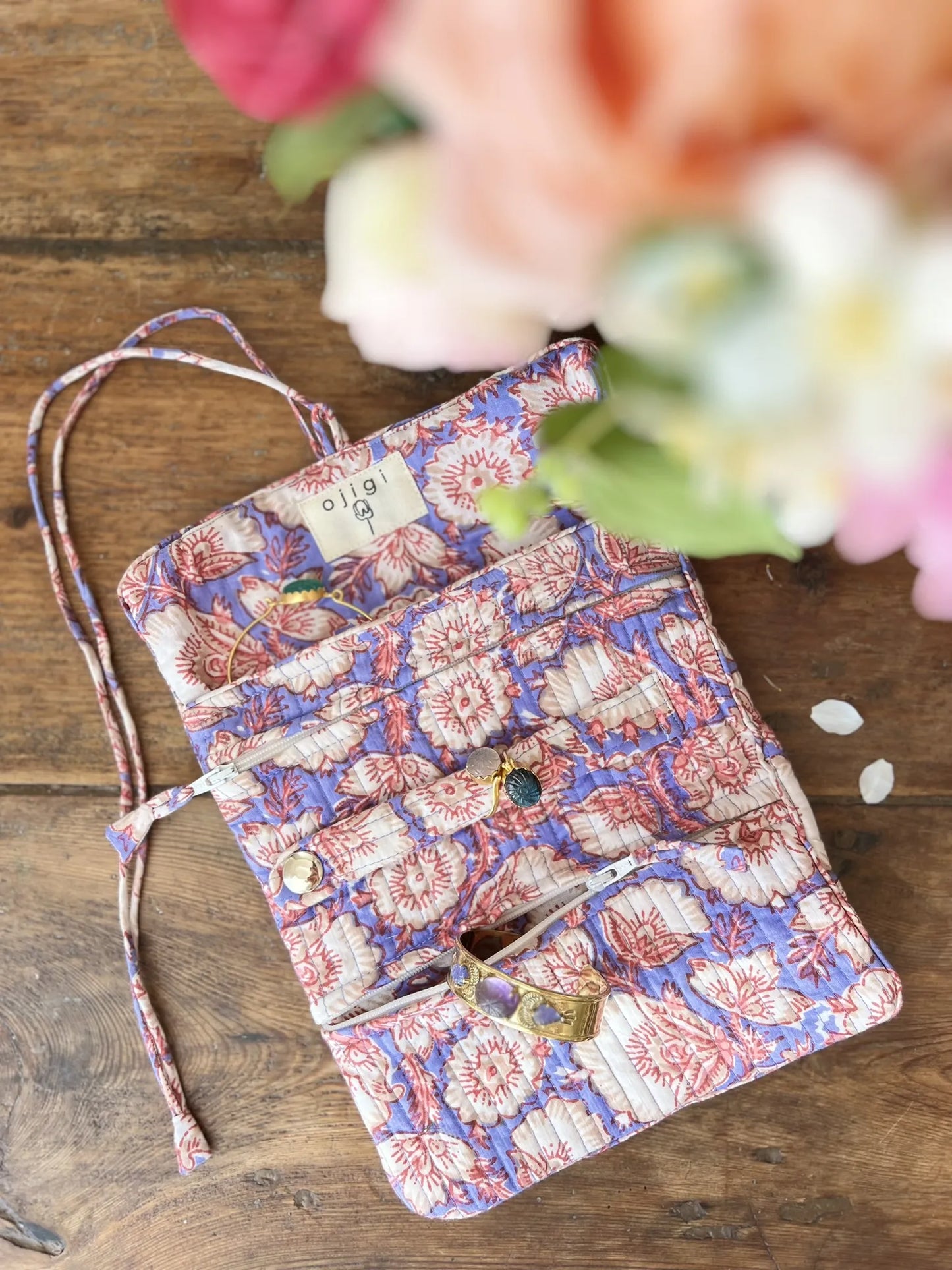 ojigi pochette quiltée à bijoux de voyage block print
