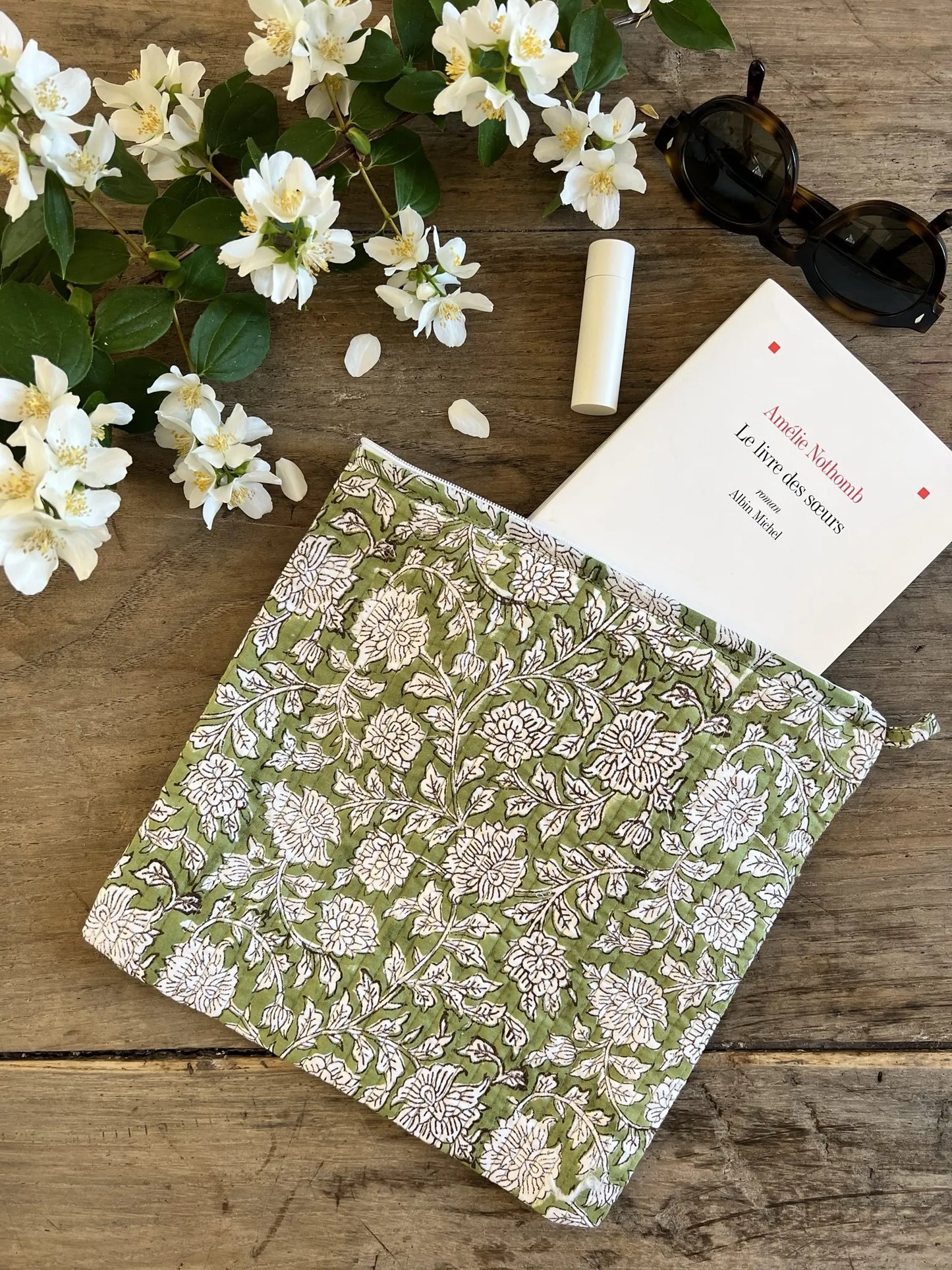 ojigi trousse Inès block print quilté vert liseron