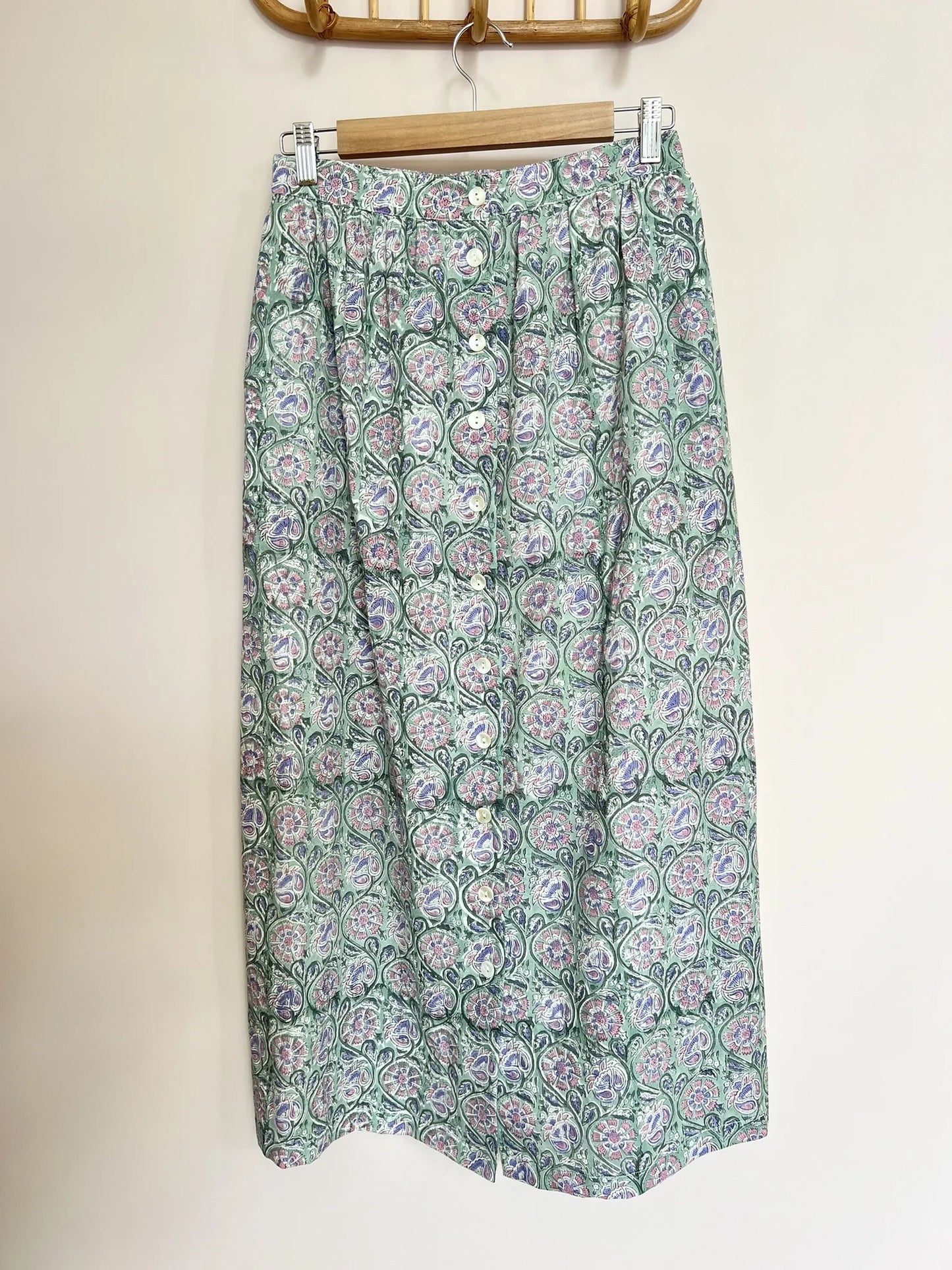 ojigi jupe longue block print vert romarin