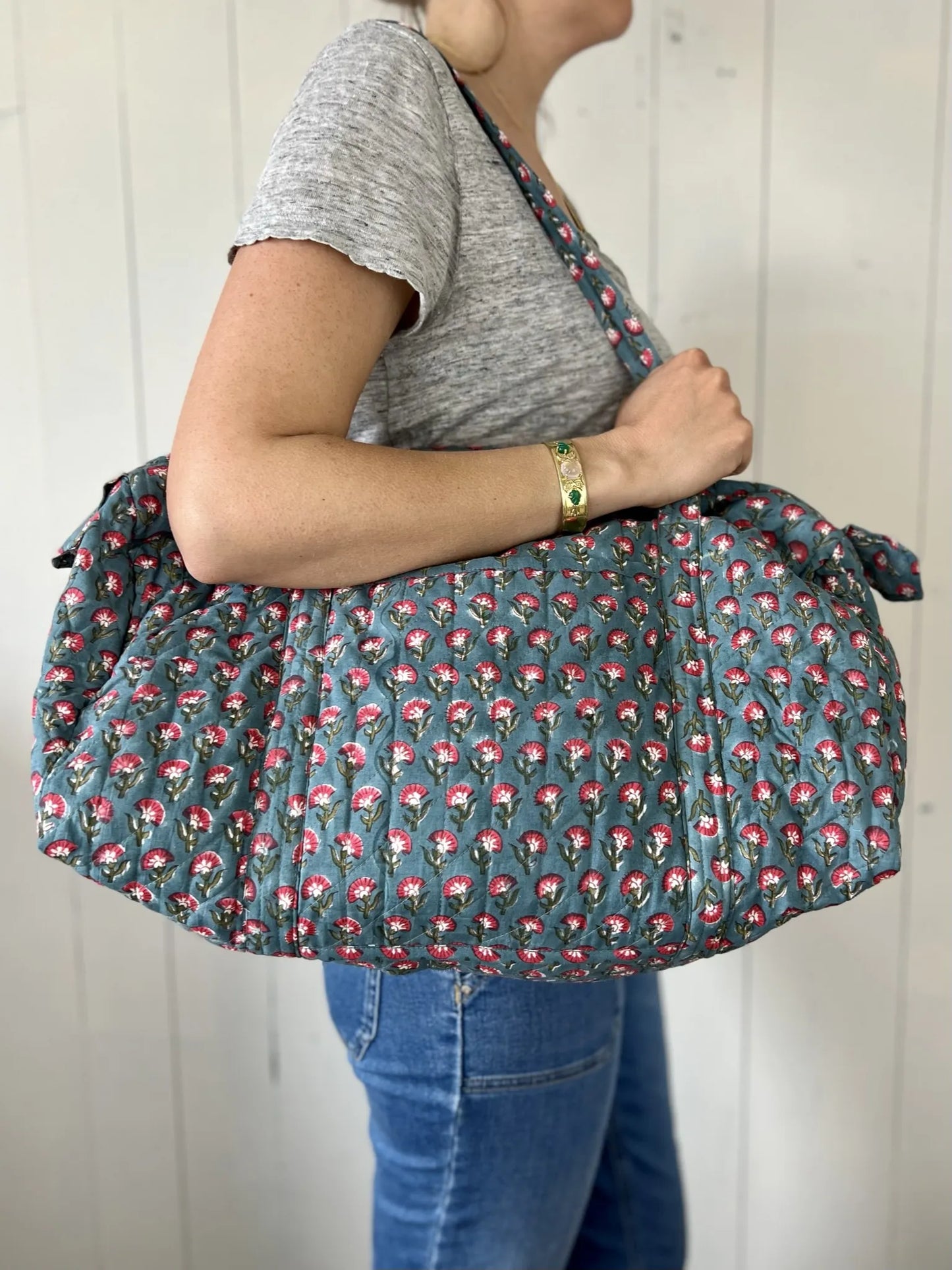 Sac week-end ESCAMPETTE coton quilté et imprimé block print - Liseron turquoise