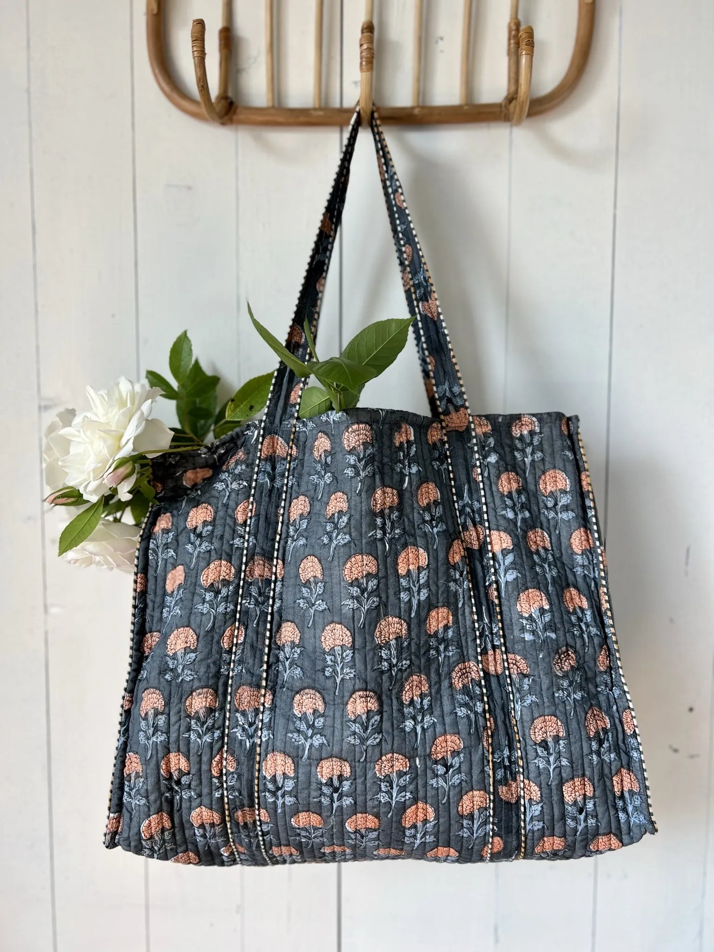 ojigi cabas coton block print quilté marigold ardoise et rose orangé