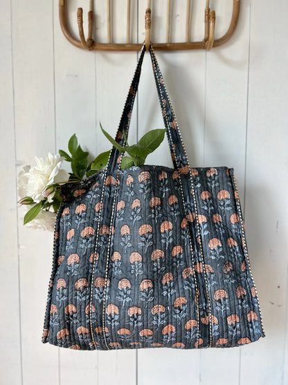 ojigi cabas coton block print quilté marigold ardoise et rose orangé
