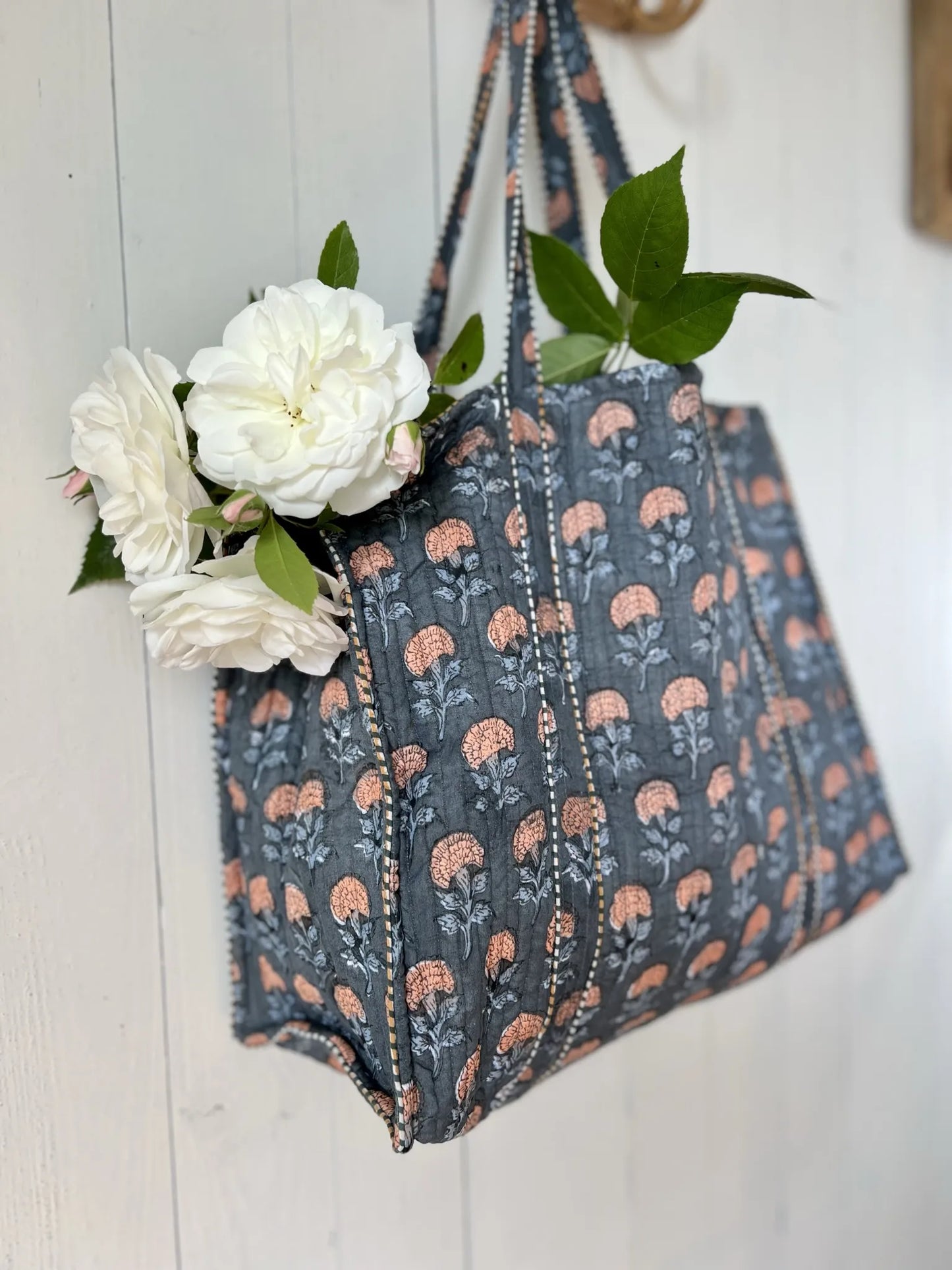 ojigi cabas coton block print quilté marigold ardoise et rose orangé