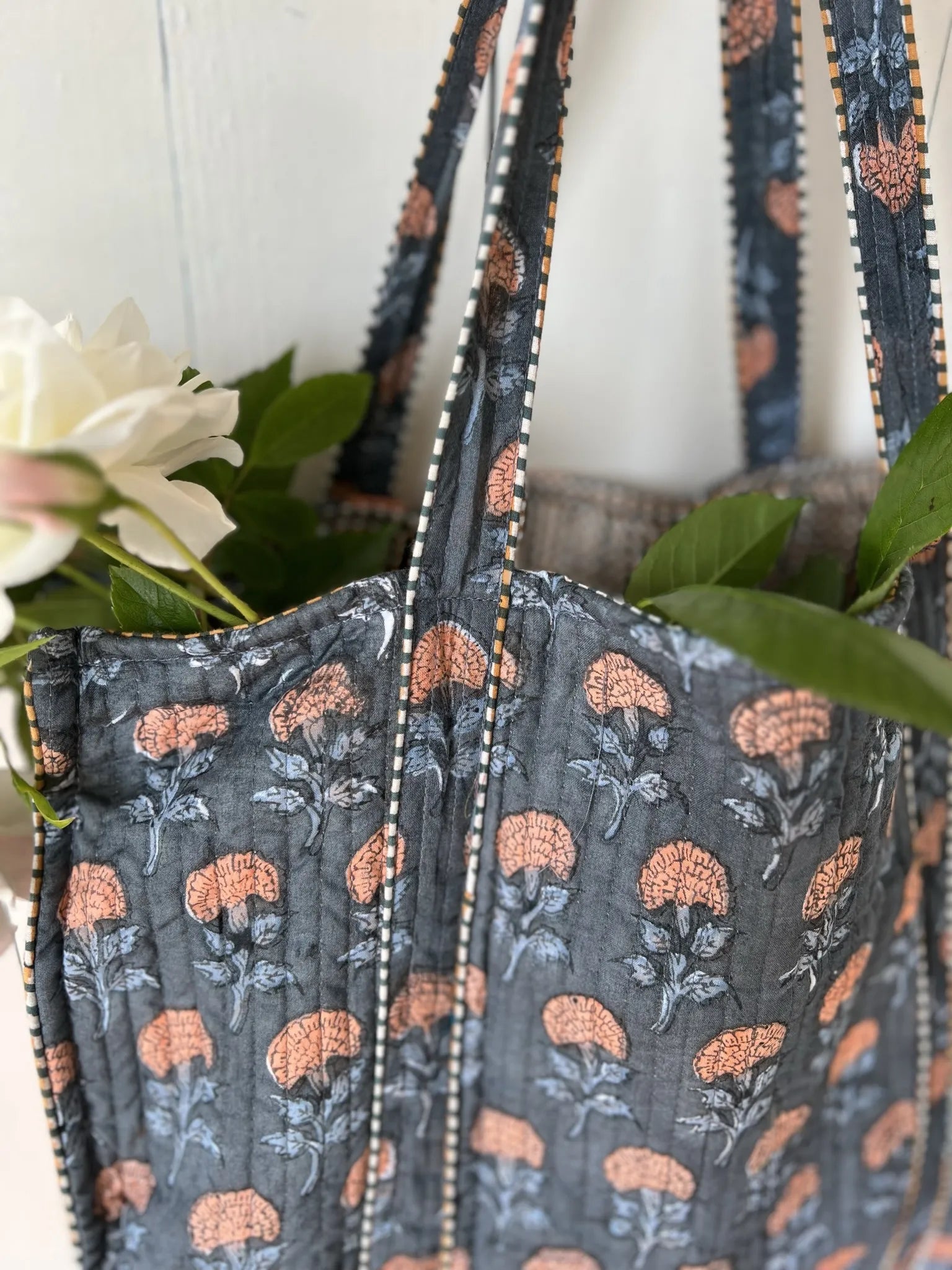 ojigi cabas coton block print quilté marigold ardoise et rose orangé