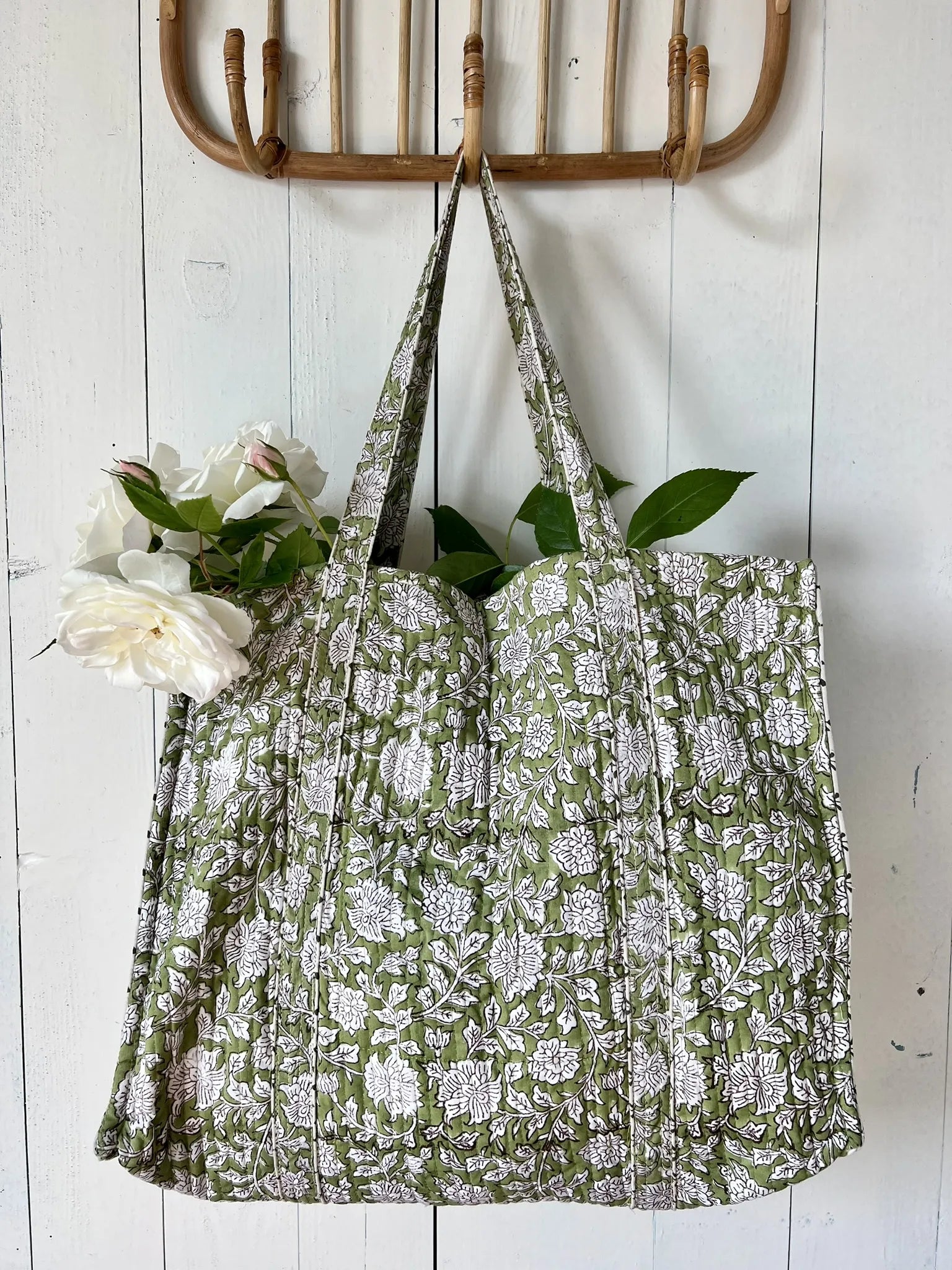 ojigi cabas coton block print quilté liseron vert