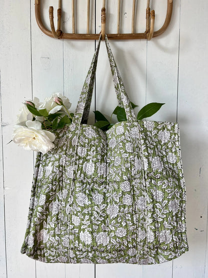 ojigi cabas coton block print quilté liseron vert