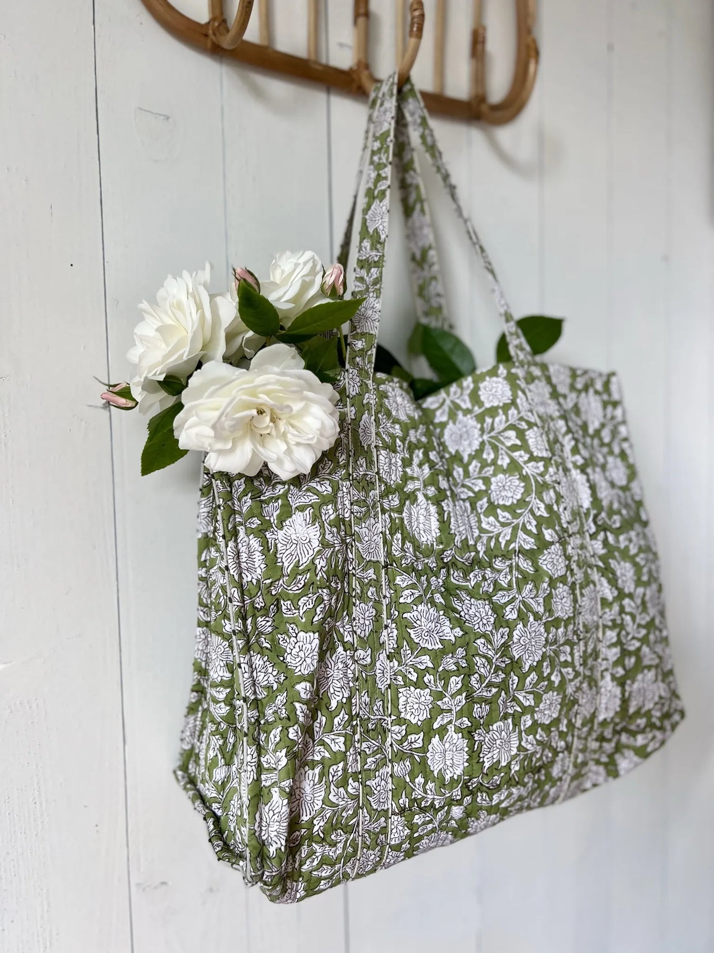 ojigi cabas coton block print quilté liseron vert