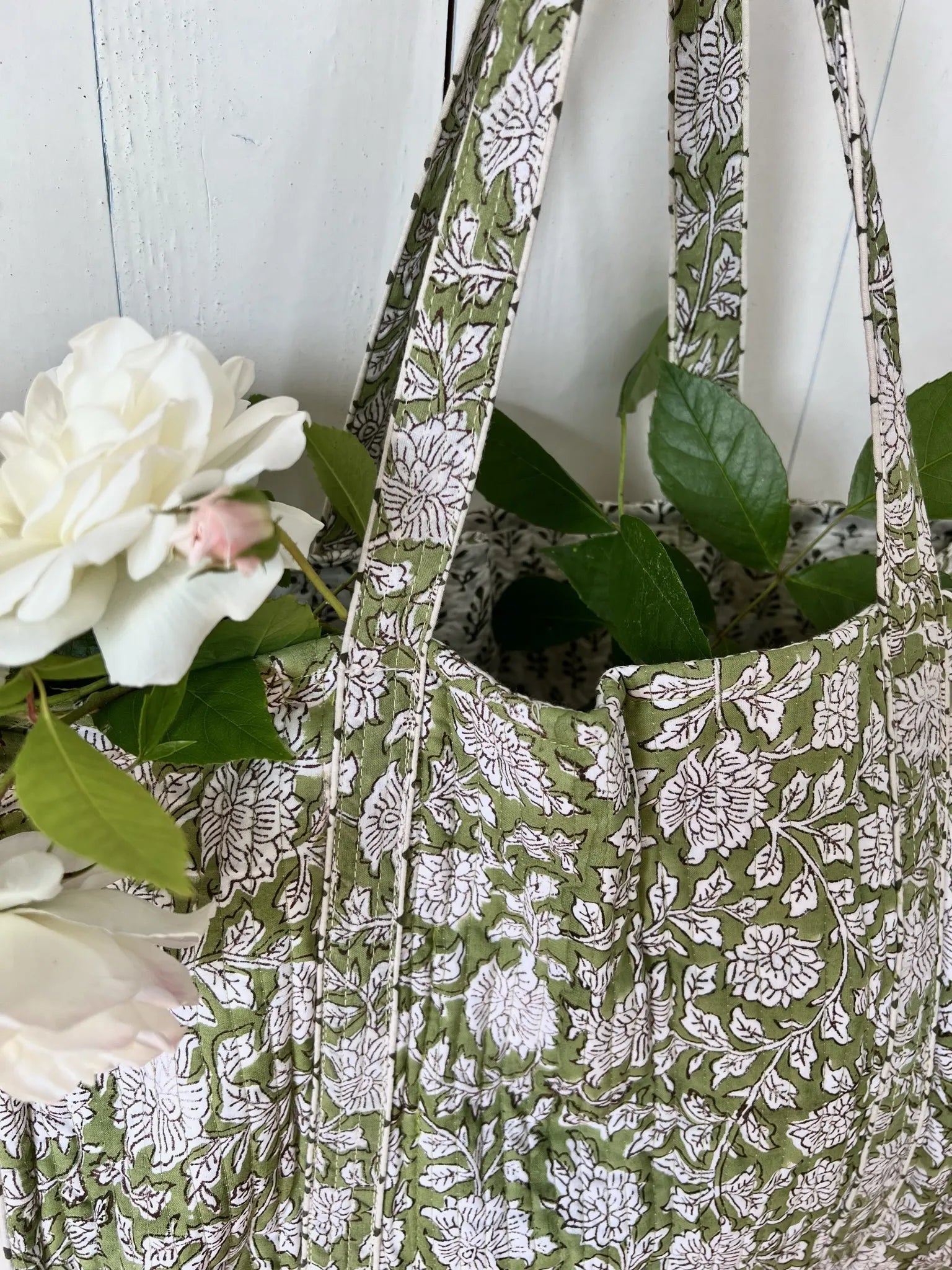 ojigi cabas coton block print quilté liseron vert