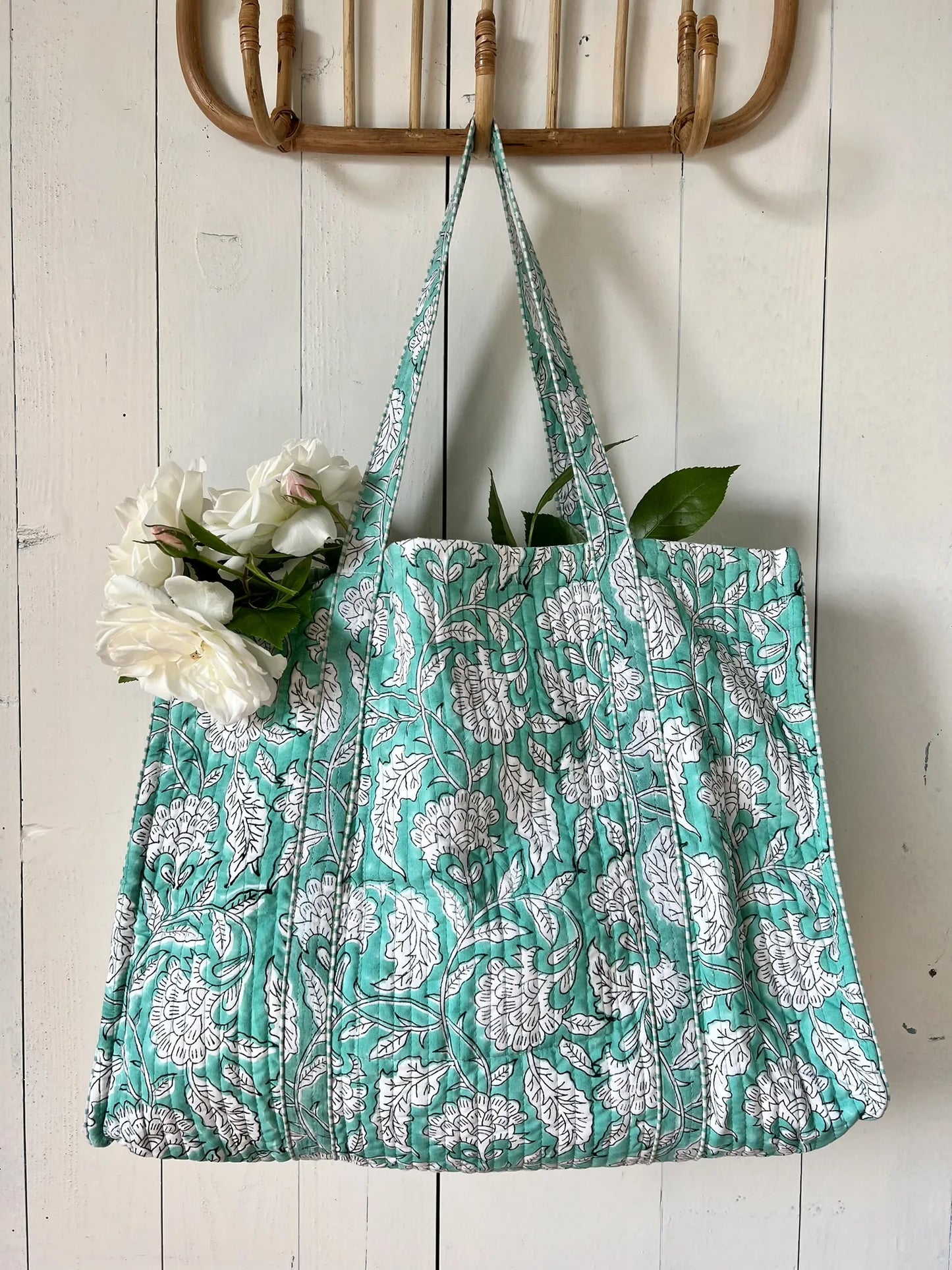 ojigi cabas coton block print quilté liseron turquoise