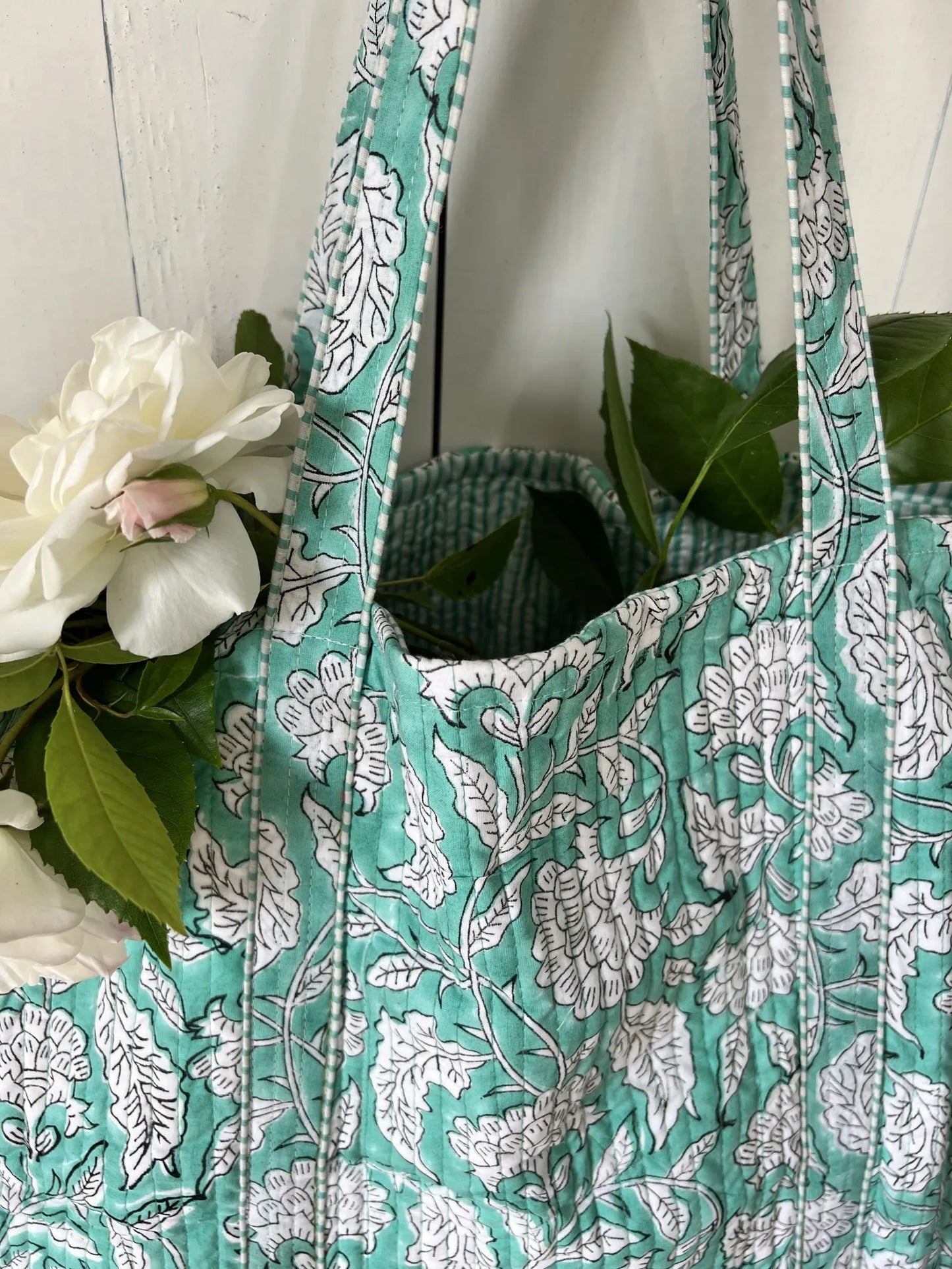 ojigi cabas coton block print quilté liseron turquoise