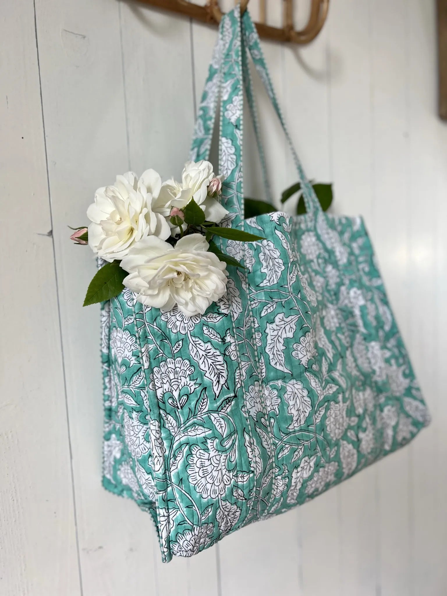 ojigi cabas coton block print quilté liseron turquoise