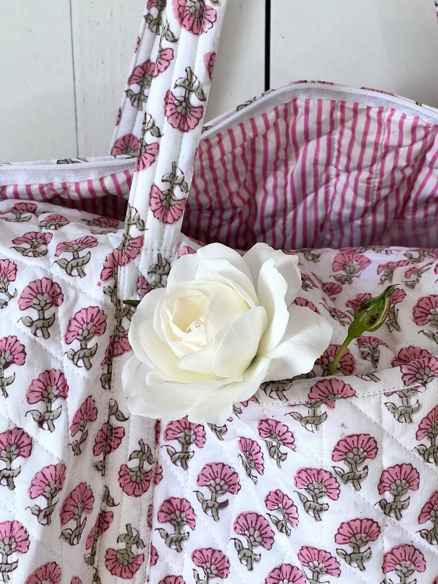 ojigi sac week-end coton block print quilté bleuet rose