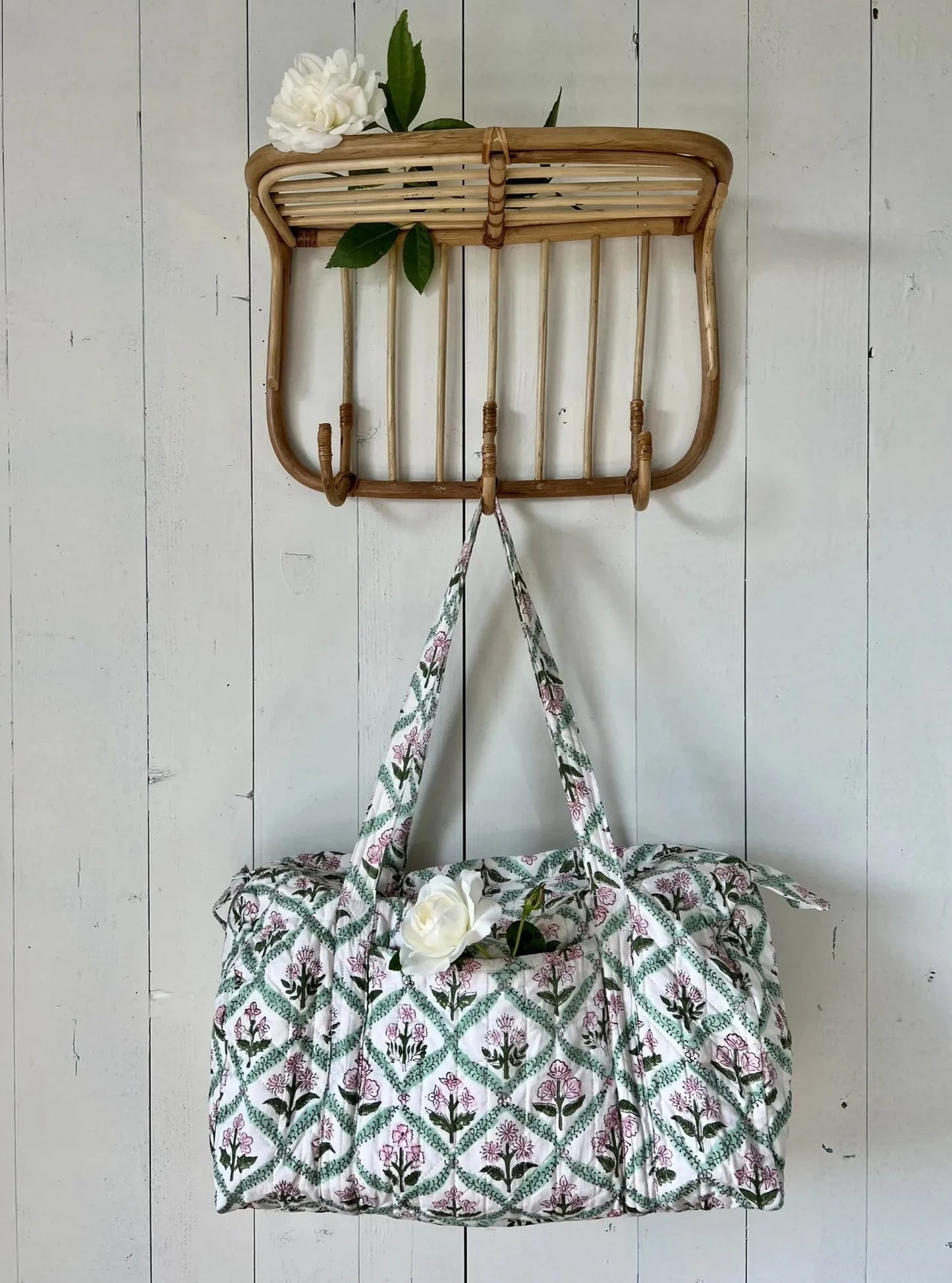ojigi sac week-end coton block print quilté botanica rose et vert d'eau