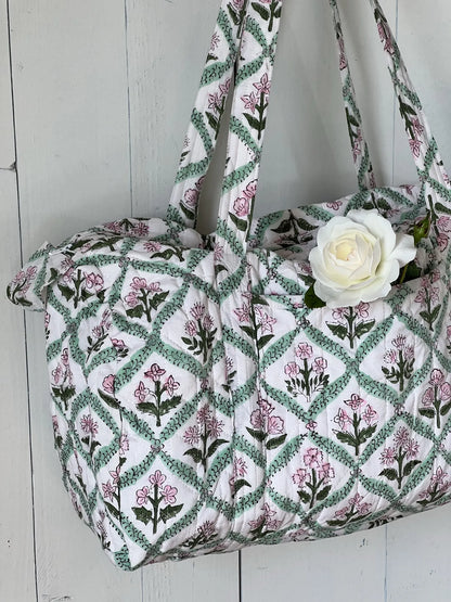 ojigi sac week-end coton block print quilté botanica rose et vert d'eau