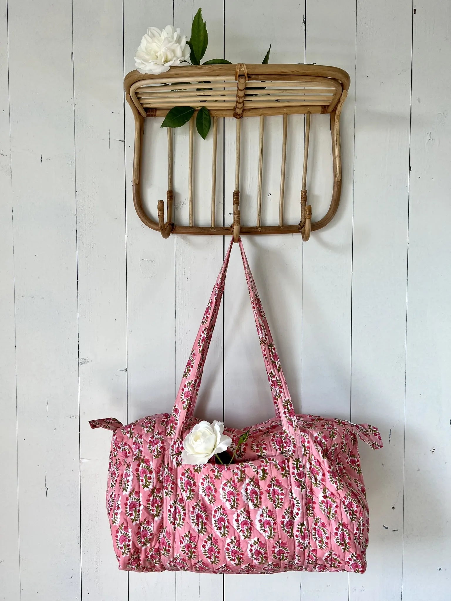 ojigi sac week-end coton block print quilté fraisier rose