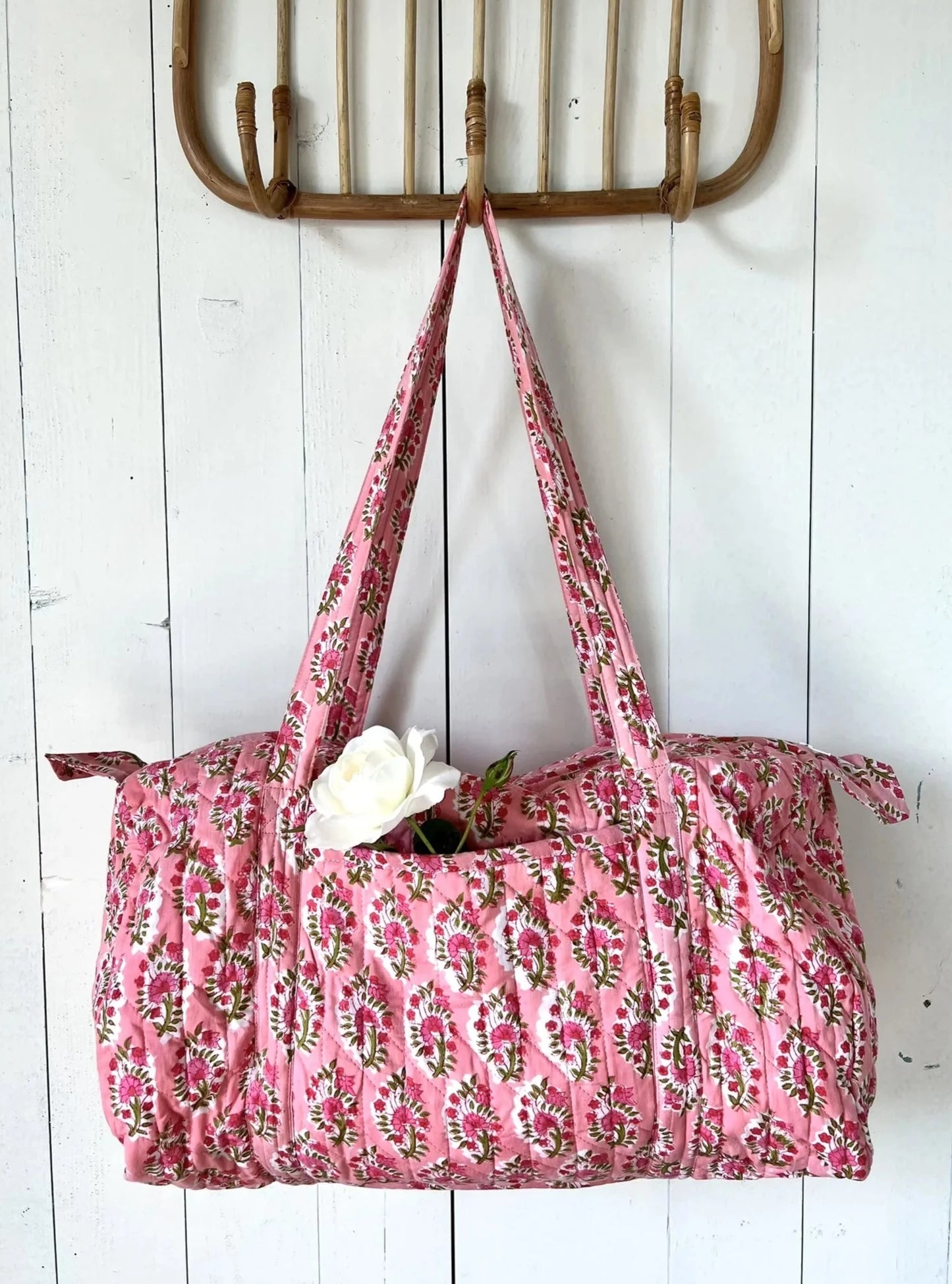 ojigi sac week-end coton block print quilté fraisier rose