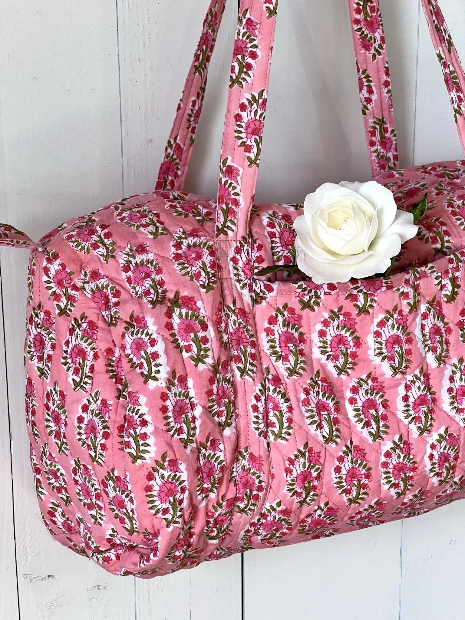 ojigi sac week-end coton block print quilté fraisier rose