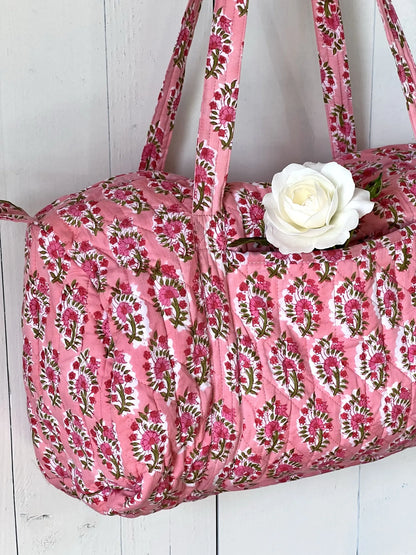 ojigi sac week-end coton block print quilté fraisier rose
