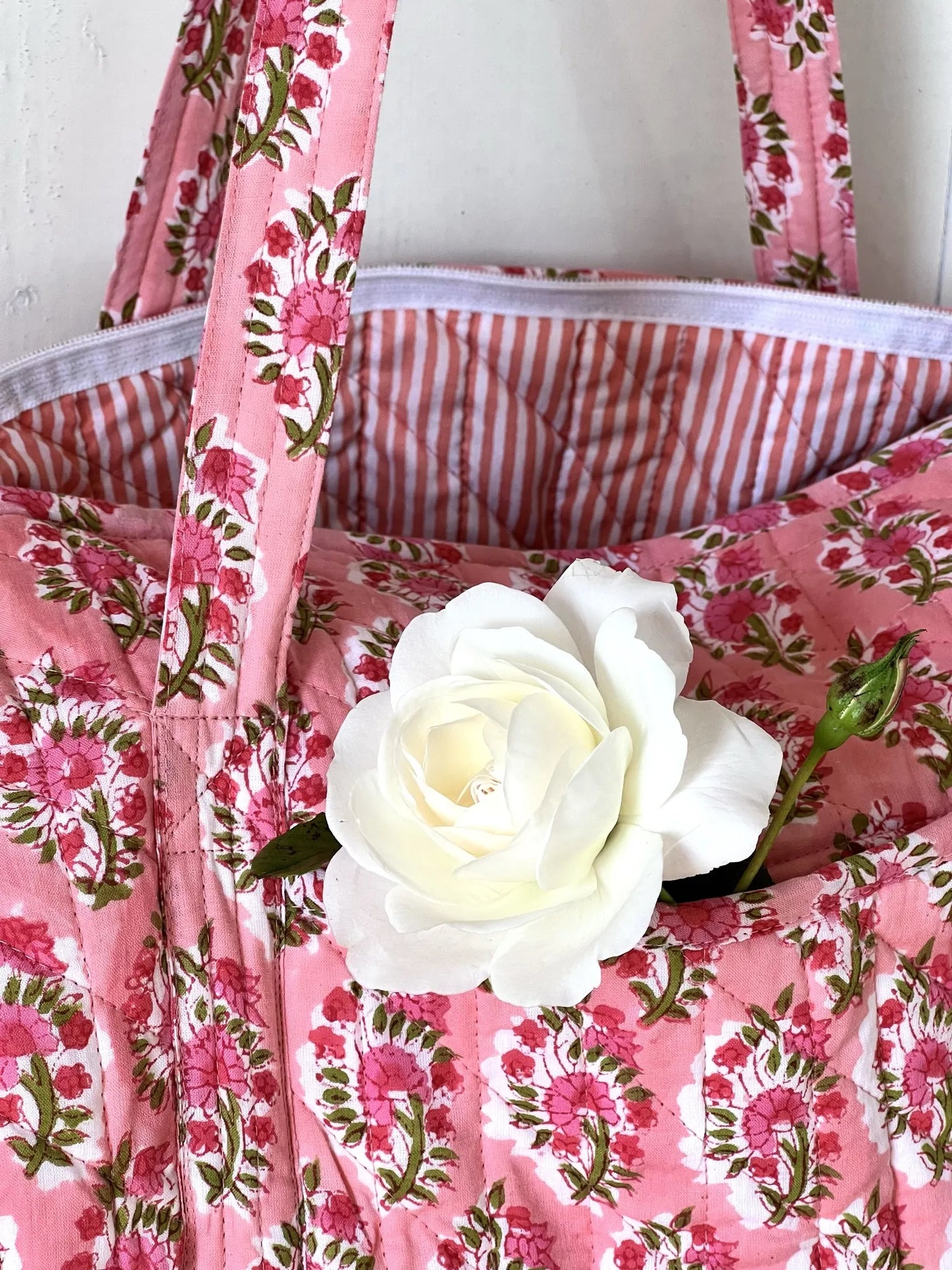 ojigi sac week-end coton block print quilté fraisier rose