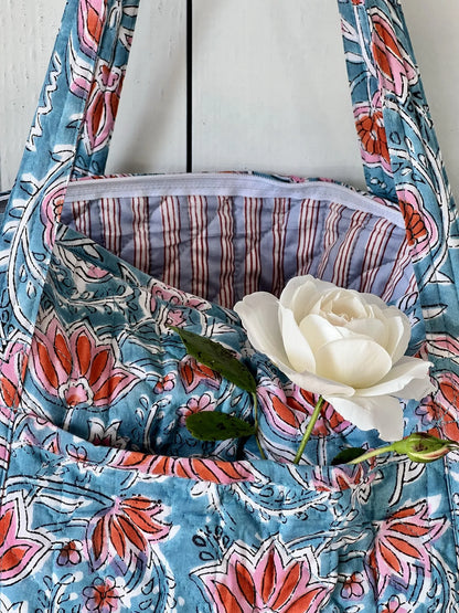 ojigi sac week-end coton block print quilté lotus turquoise rose et rouge orangé
