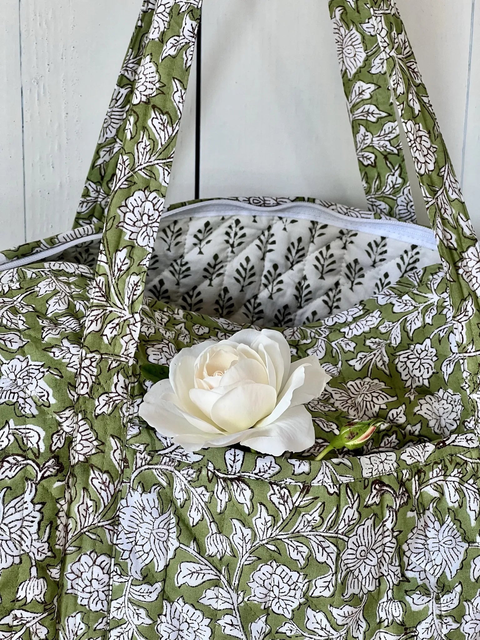 ojigi sac week-end coton block print quilté liseron vert