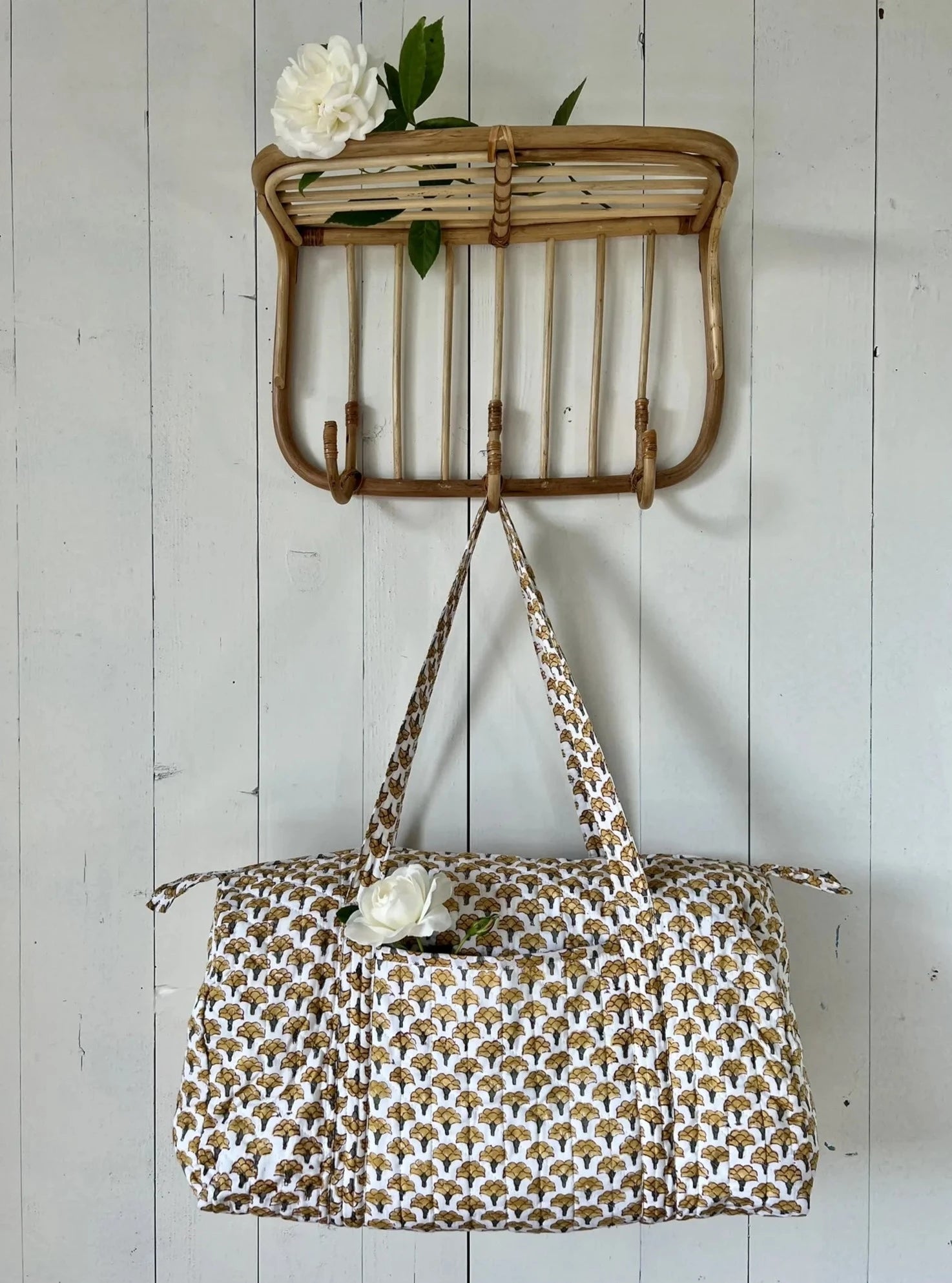 ojigi sac week-end coton block print quilté lotus jaune et vert