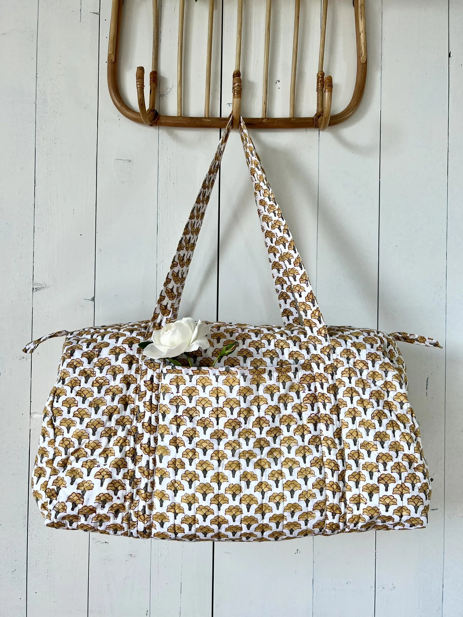 ojigi sac week-end coton block print quilté lotus jaune et vert