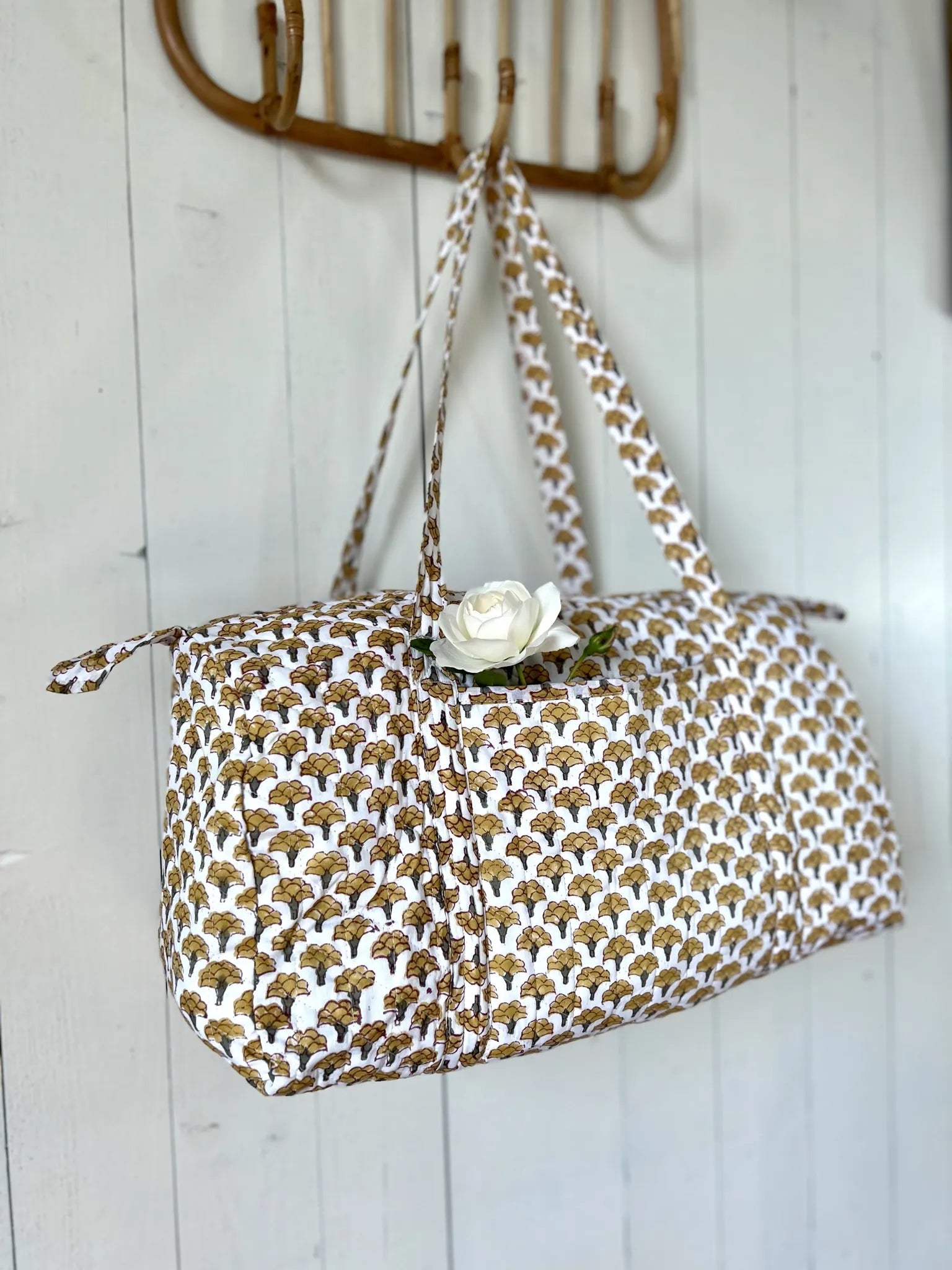 ojigi sac week-end coton block print quilté lotus jaune et vert
