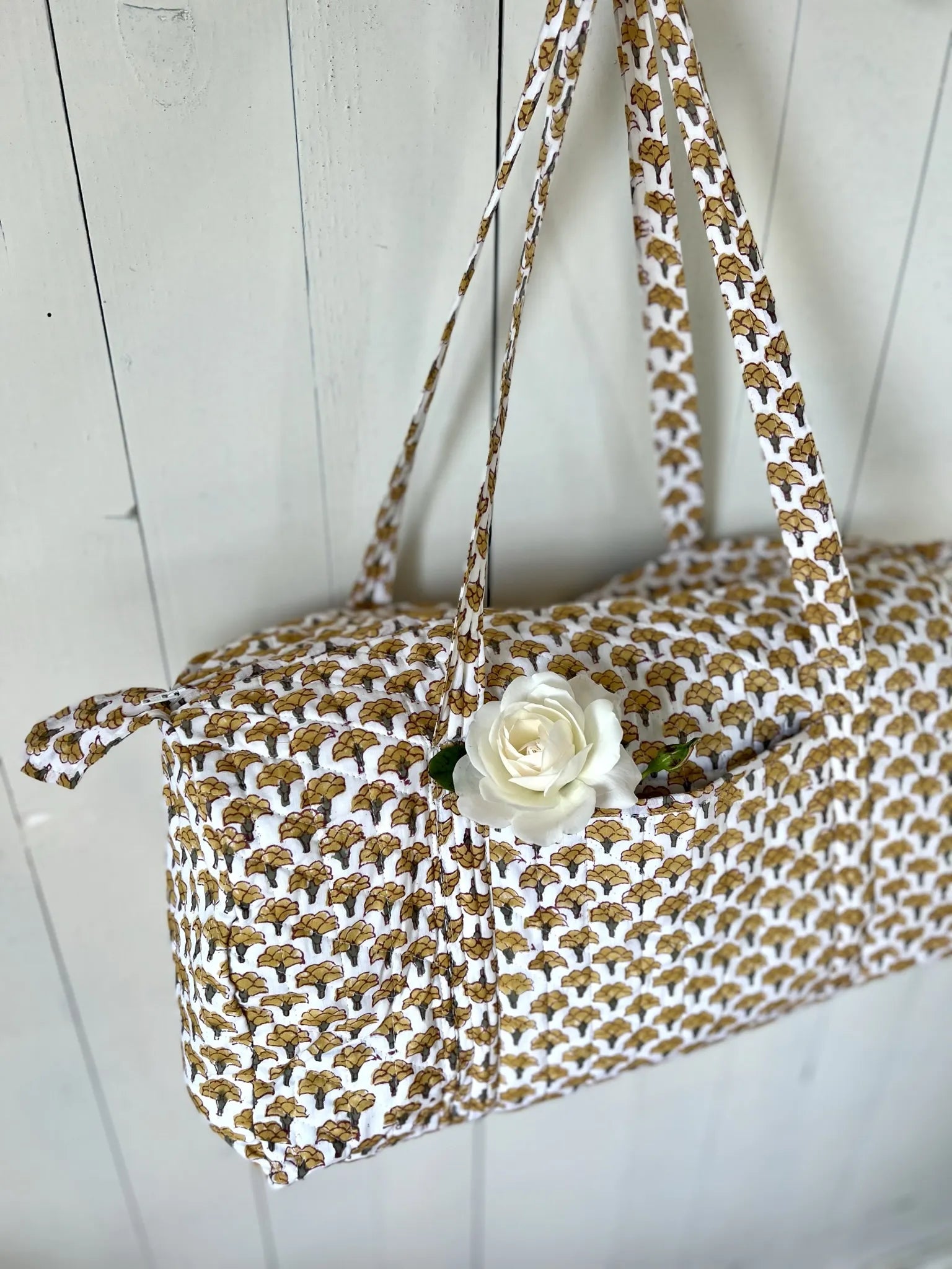 ojigi sac week-end coton block print quilté lotus jaune et vert