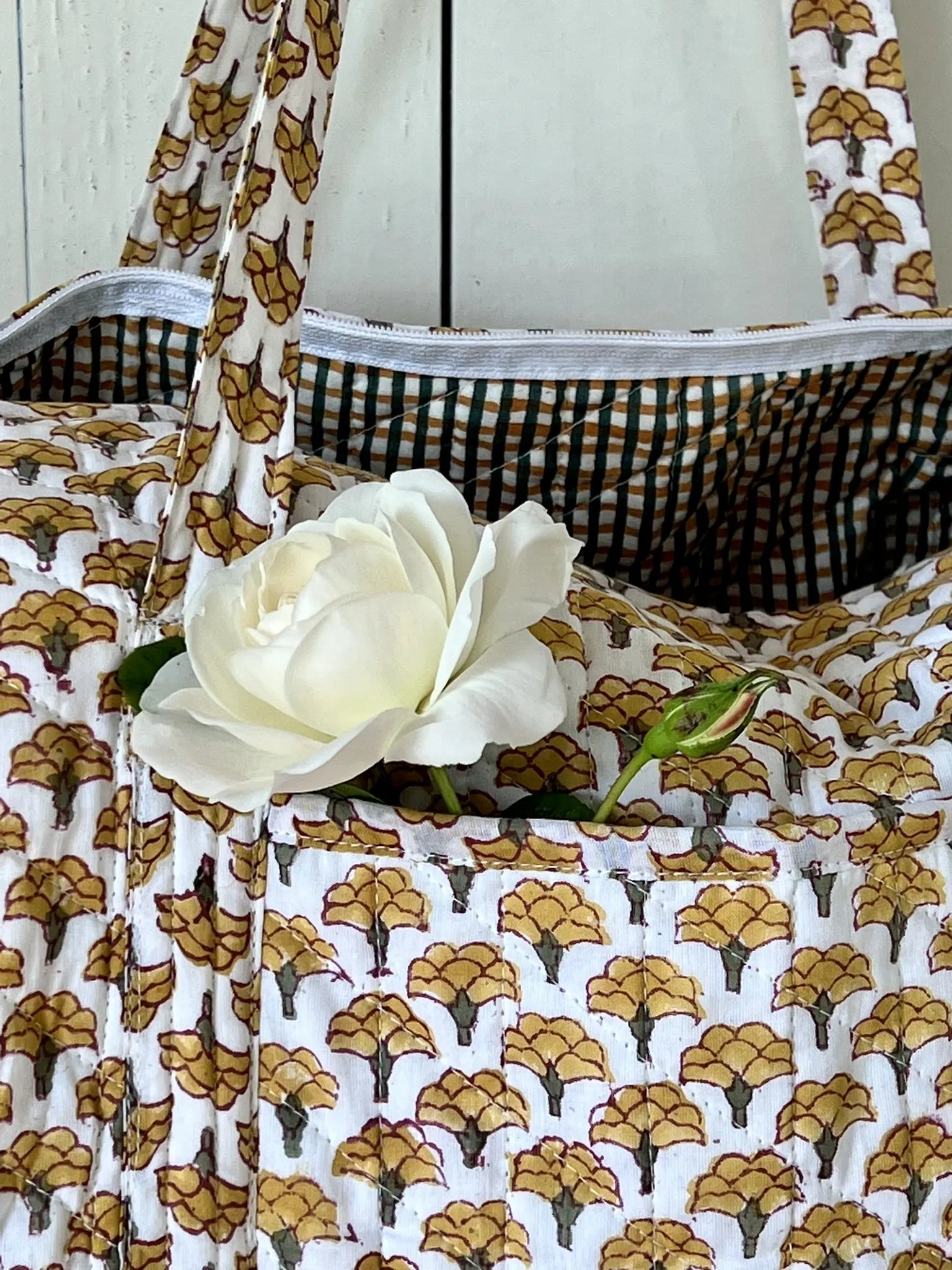 ojigi sac week-end coton block print quilté lotus jaune et vert
