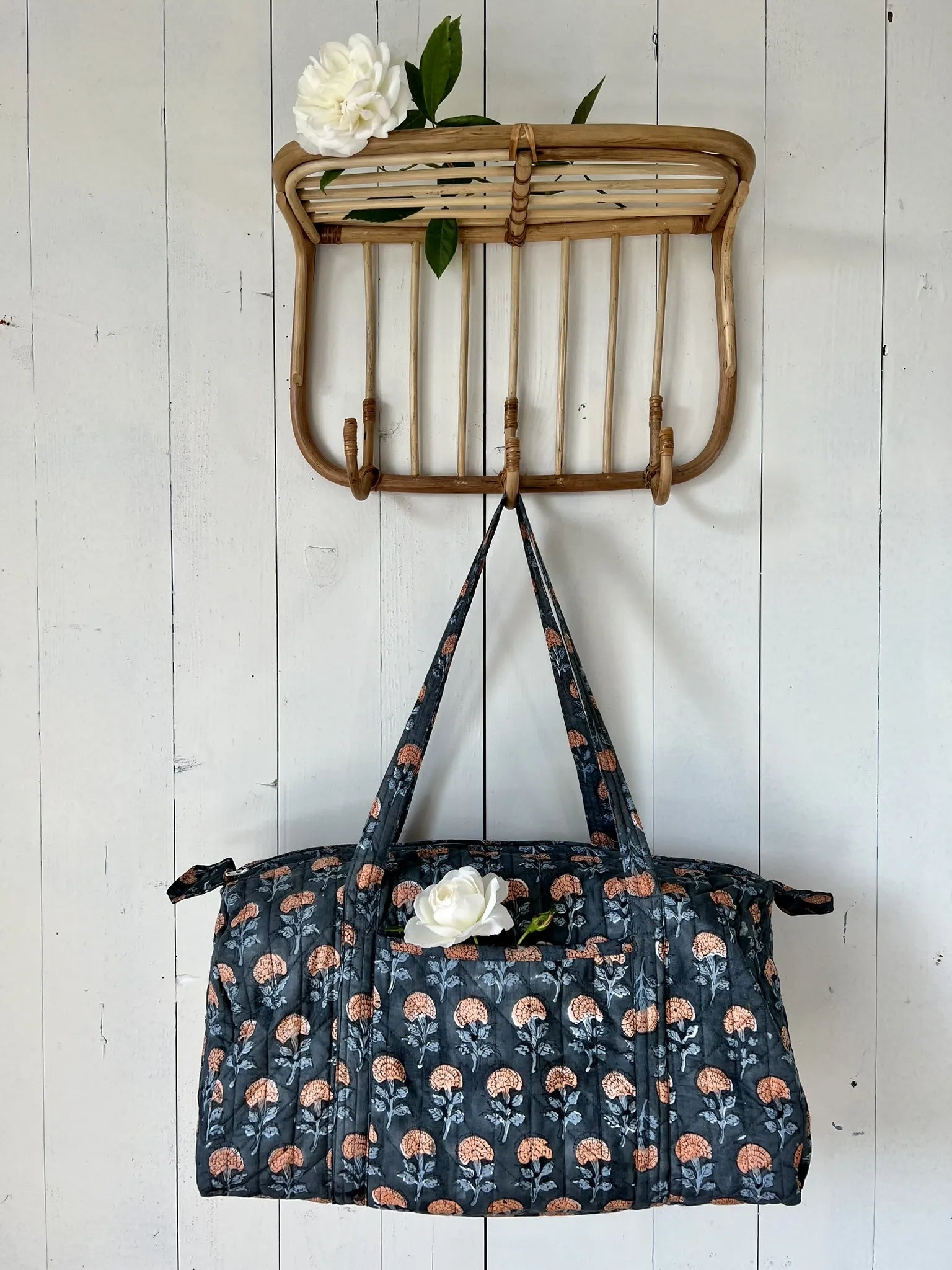 ojigi sac week-end coton block print quilté marigold ardoise et rose orangé