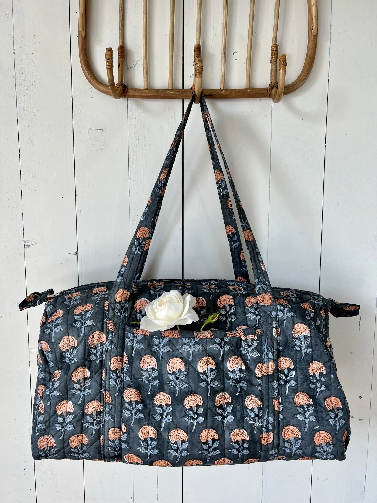 ojigi sac week-end coton block print quilté marigold ardoise et rose orangé